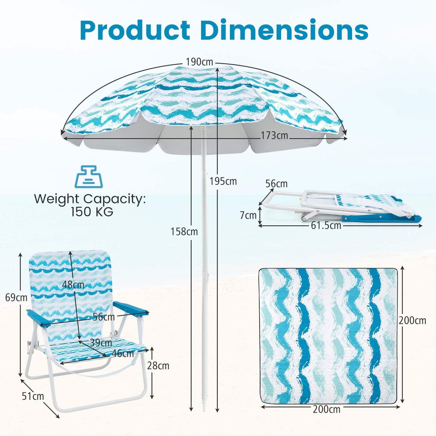 4 Pieces Beach Umbrella Set with 2 Foldable Chairs and Picnic Blanket