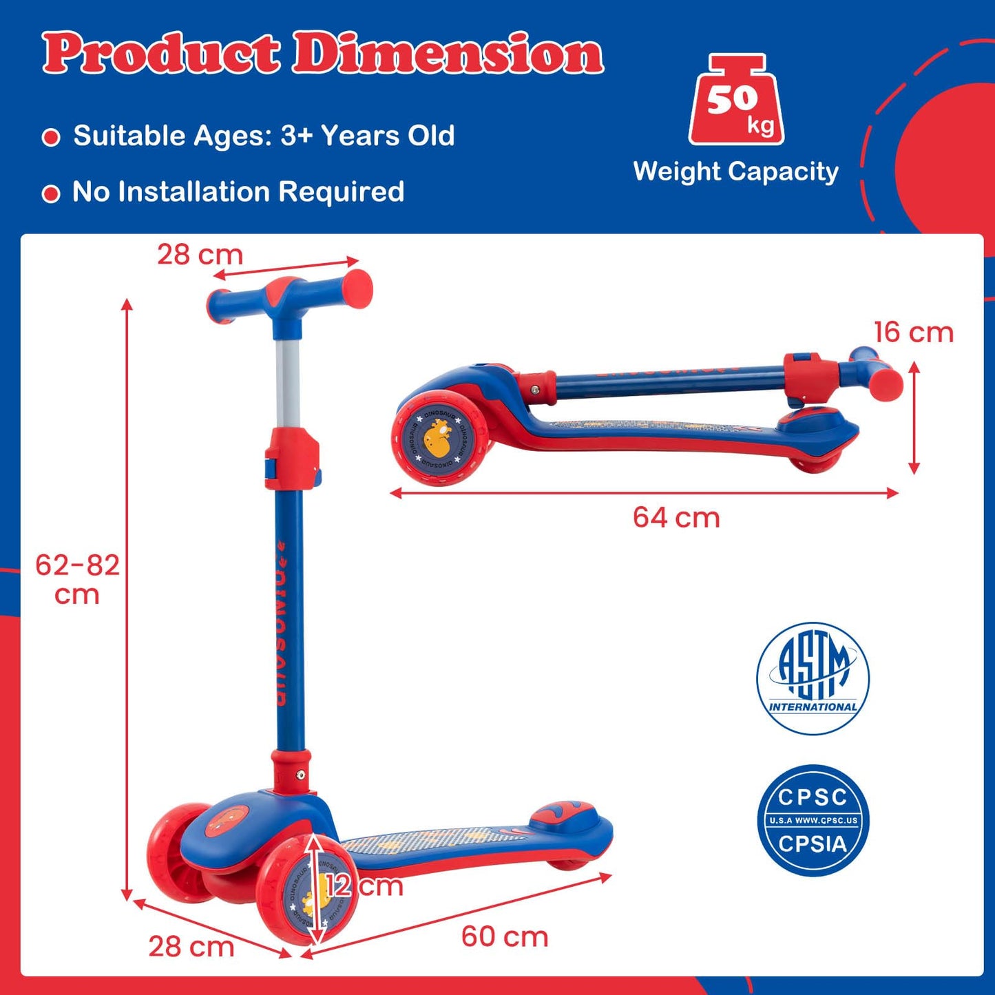 3-Wheel Toddler Kick Scooter with Light-up LED Wheel & Stepless Adjustable Handlebar