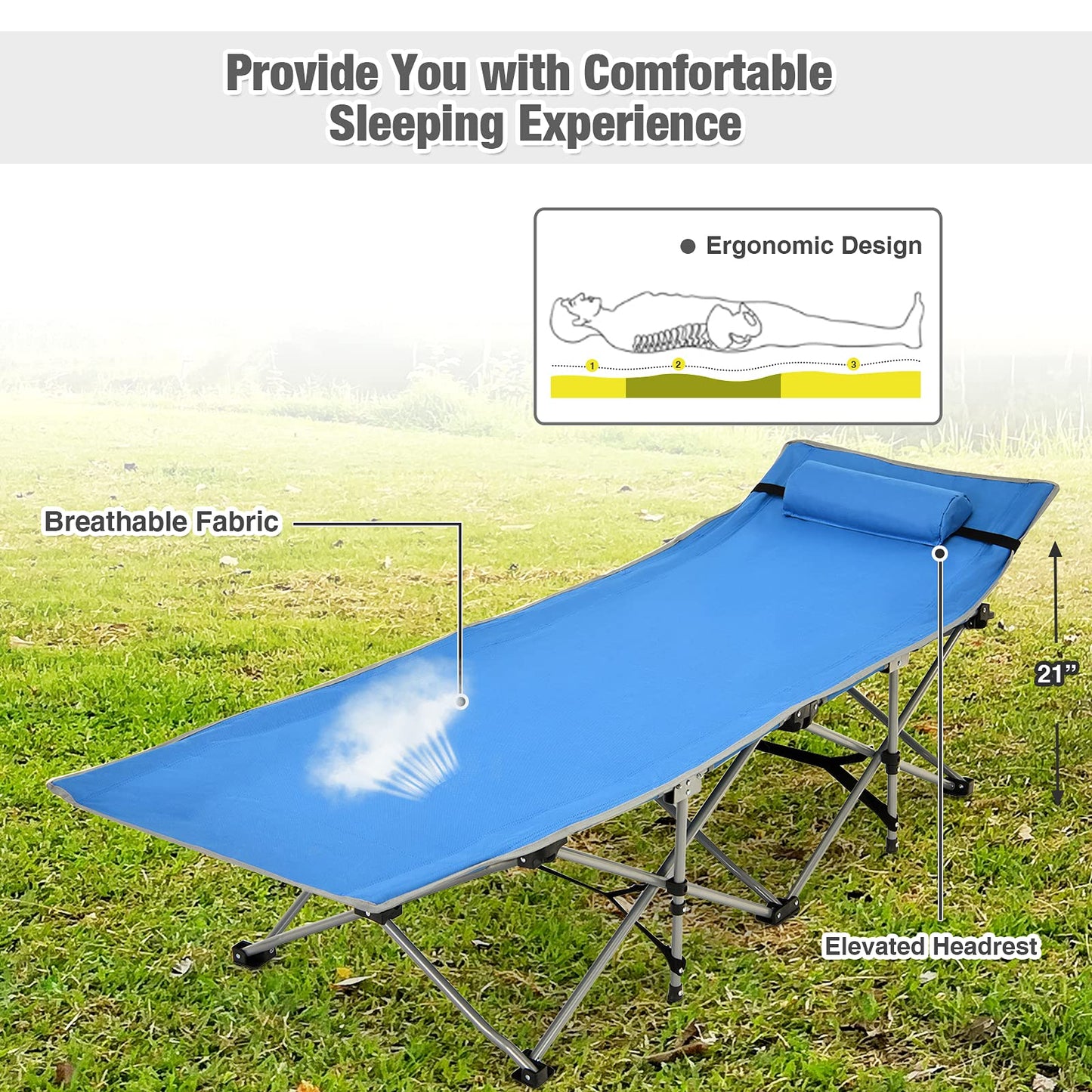Folding Camping Cot Heavy-Duty Outdoor Cot Bed w/Side Storage Pocket