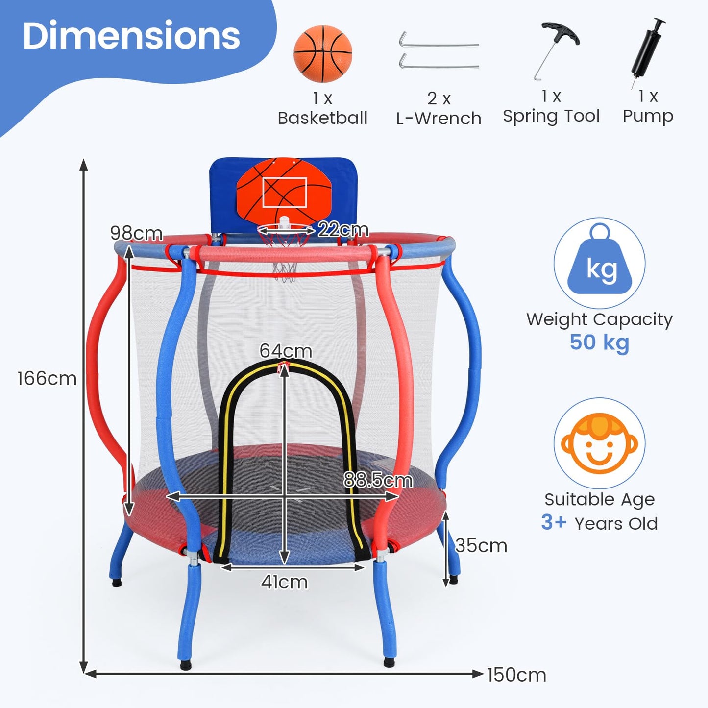 48" Trampoline for Kids with Basketball Hoop