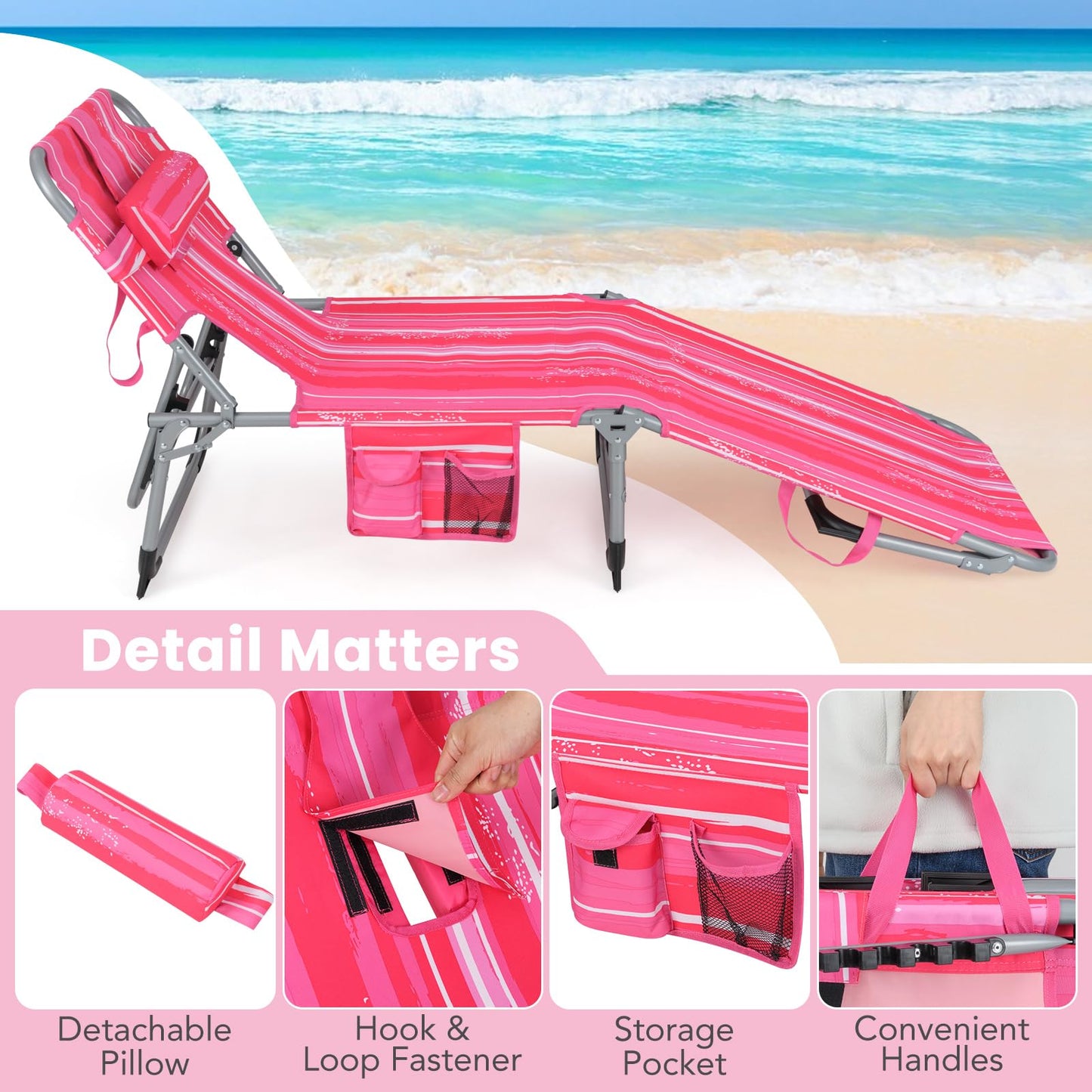 Folding Beach Lounge Chair with Pillow for Outdoor