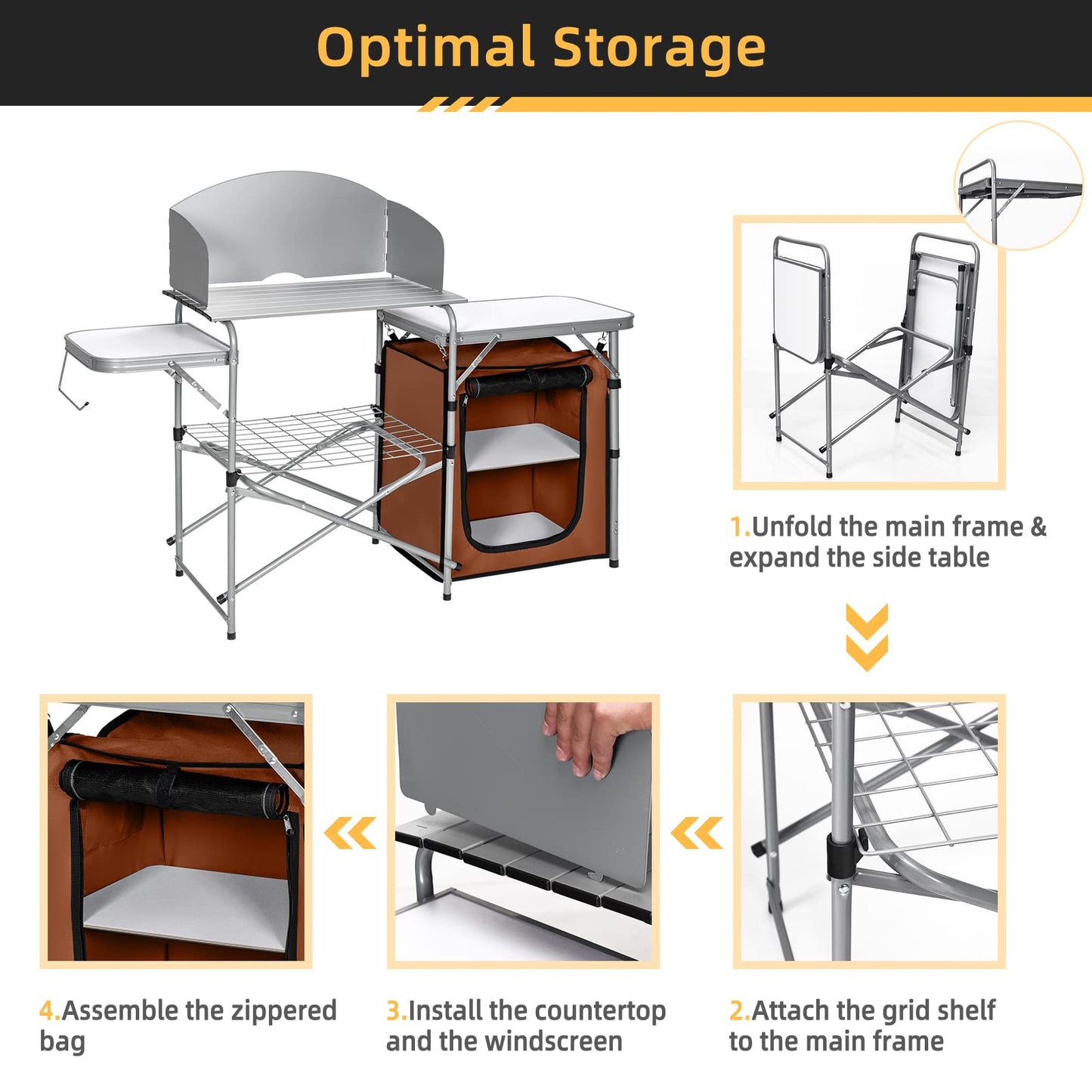 Outdoor Camping Table with Storage Aluminium Folding Camp Kitchen with Windscreen
