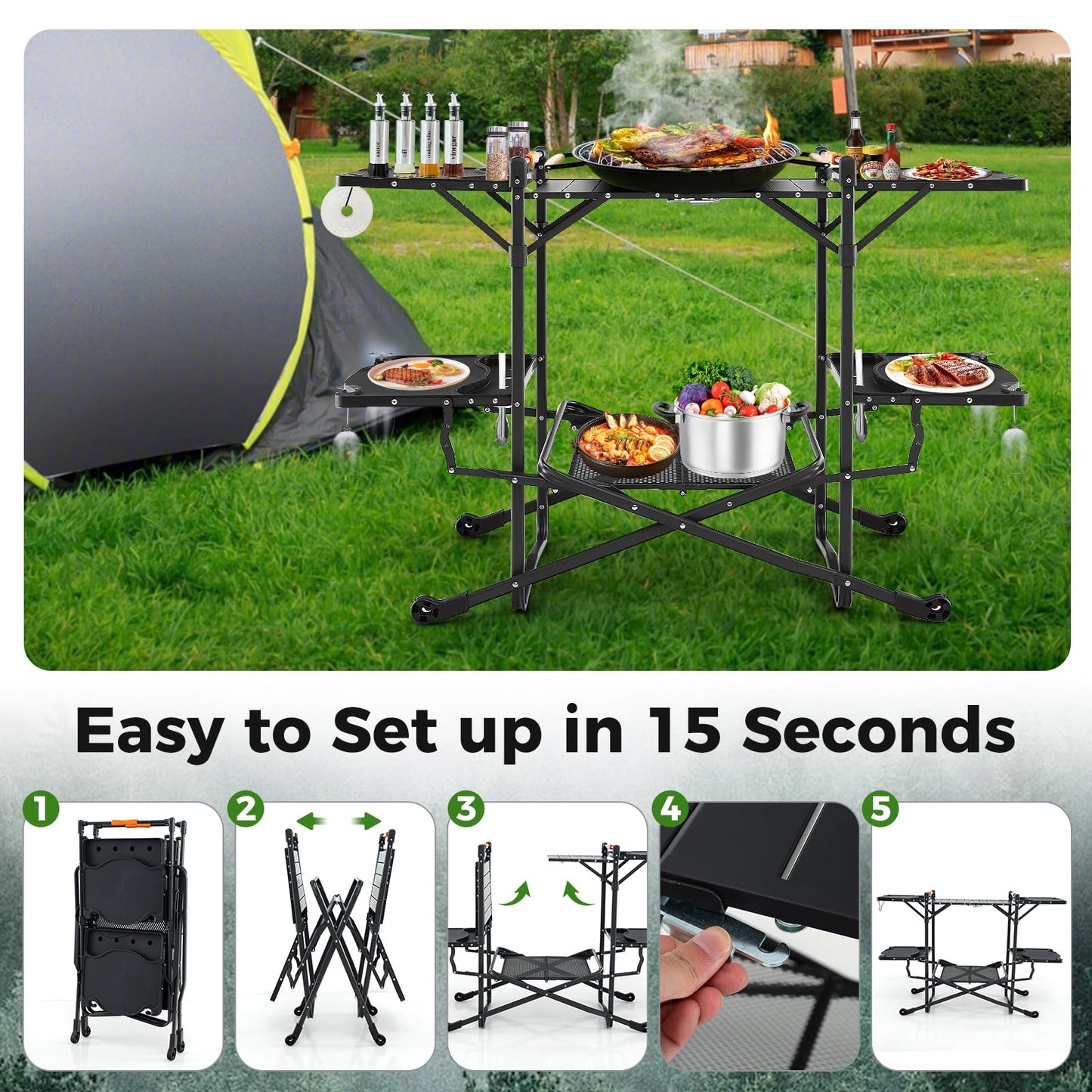Folding Portable Camping Kitchen Table w/Heat-Resistant Aluminum Tabletop
