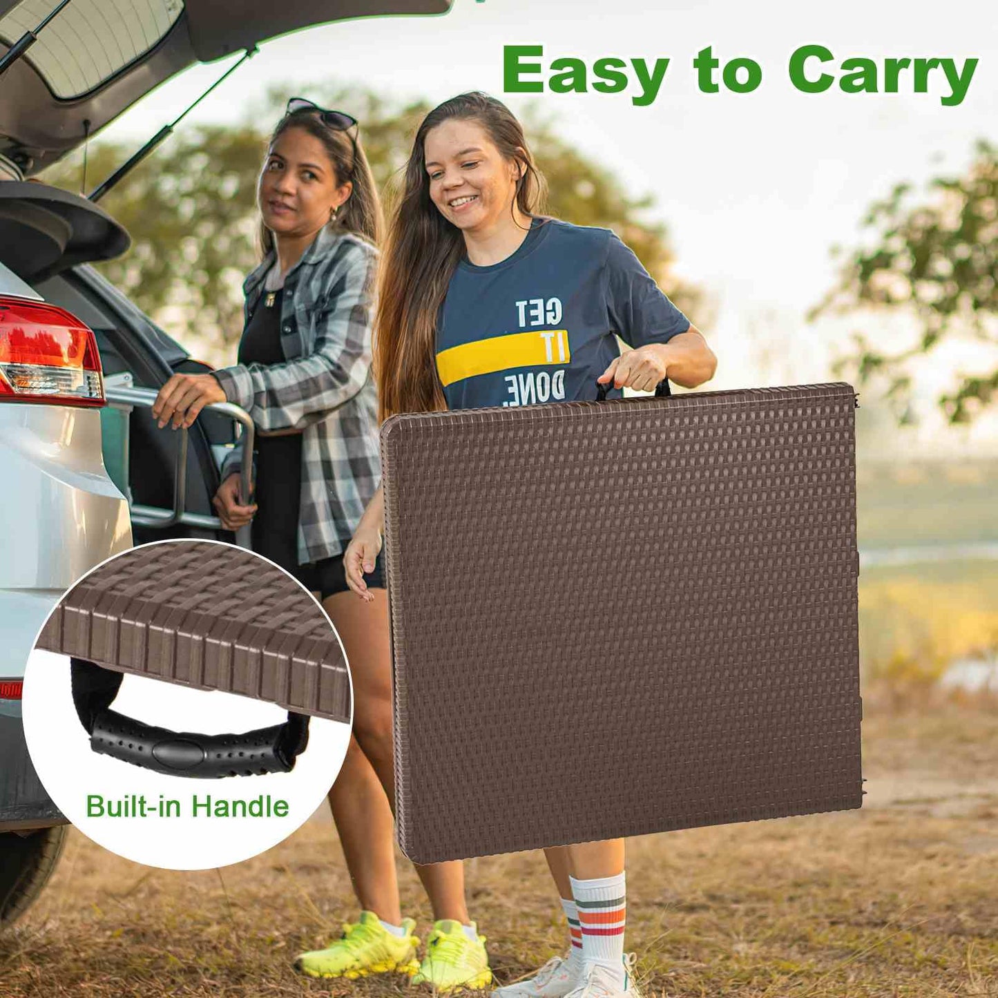 1.5m Folding Picnic Table w/Rattan Grain HDPE Tabletop