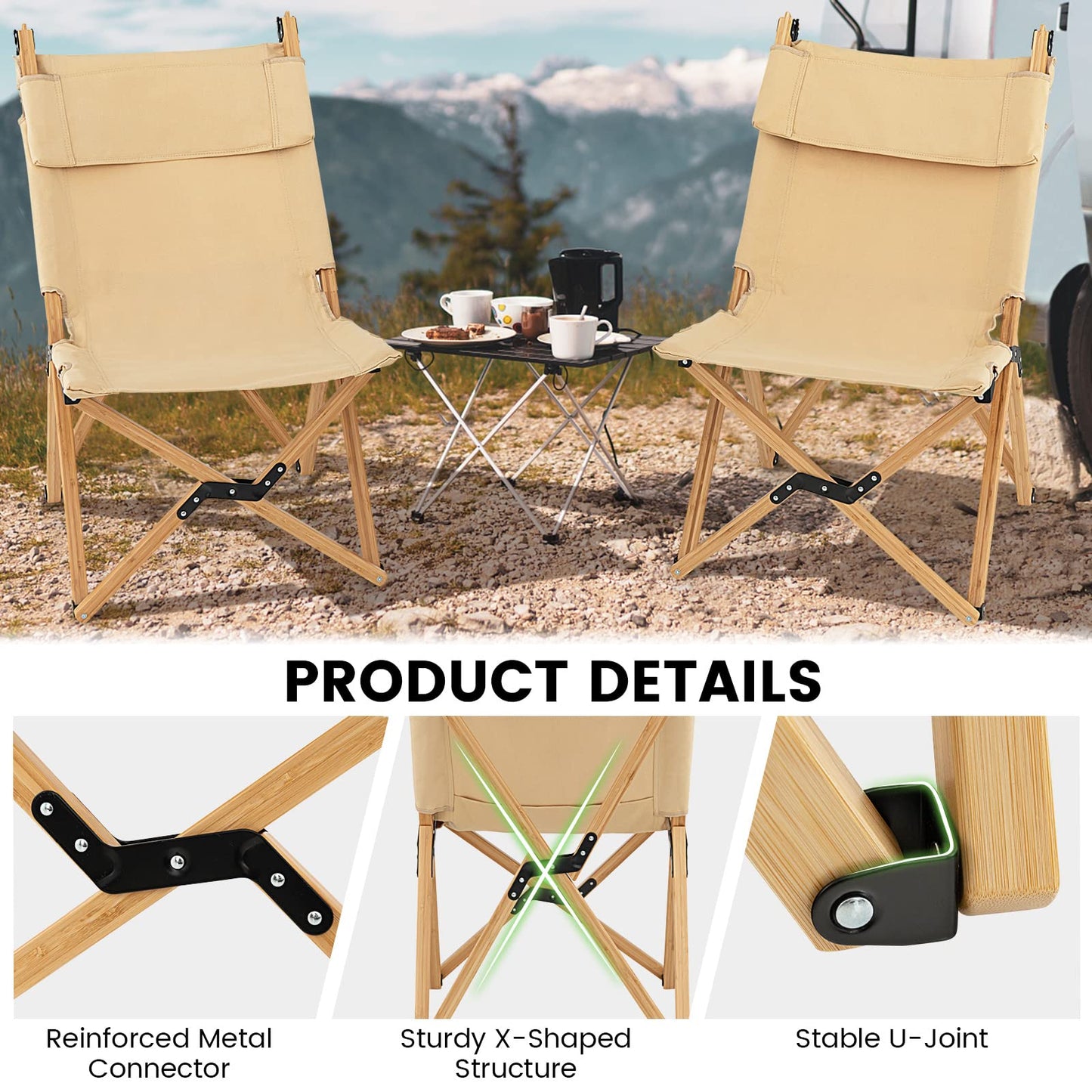 Outdoor Bamboo Chair with 2-Level Adjustable Backrest No Assembly Required