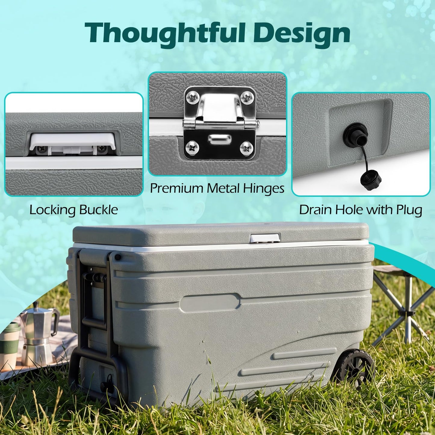 80L Portable Wheeled Ice Cooler, All-Weather HDPE Ice Chest