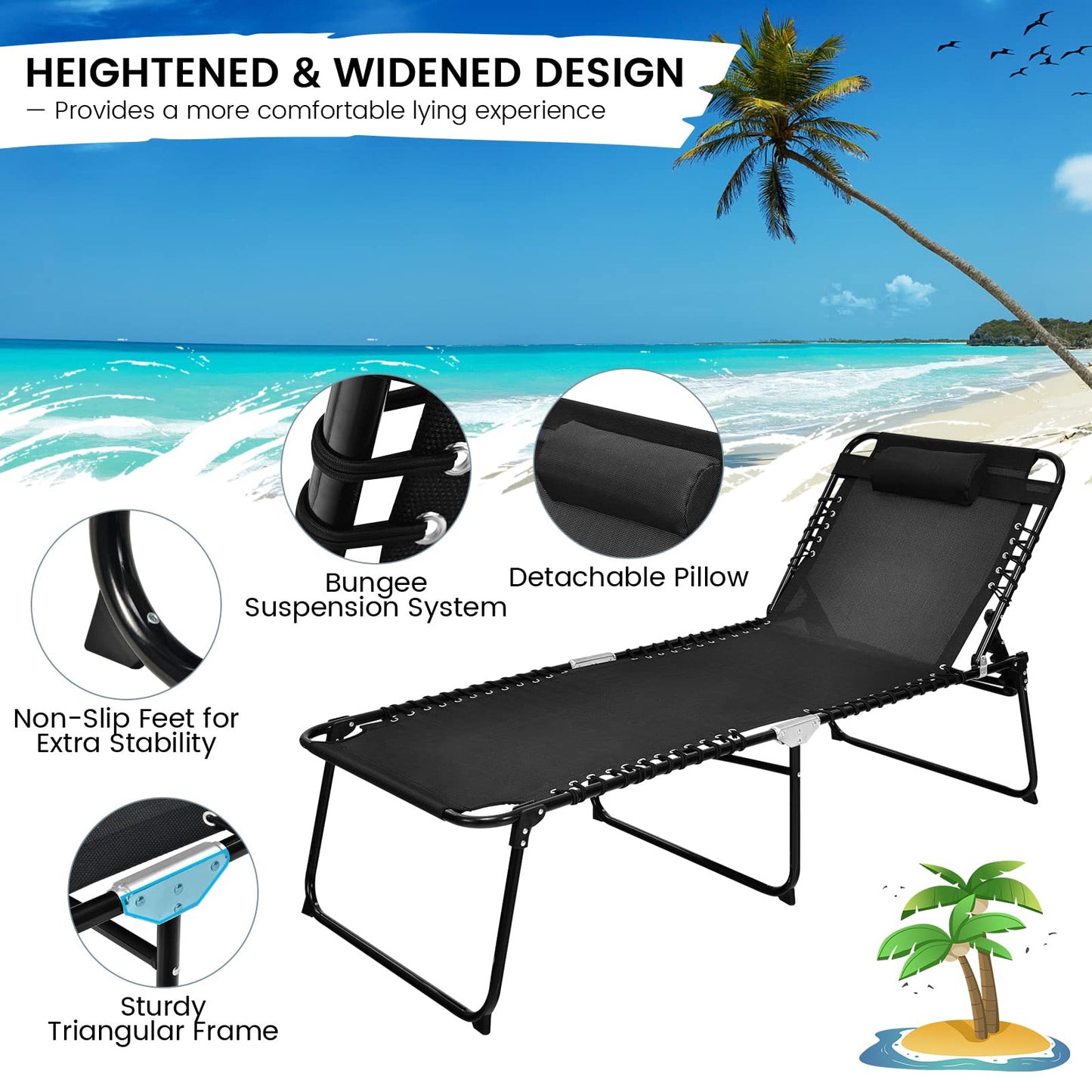 Beach Lounge Chair, X-Large Folding Chaise Lounger with Detachable Pillow