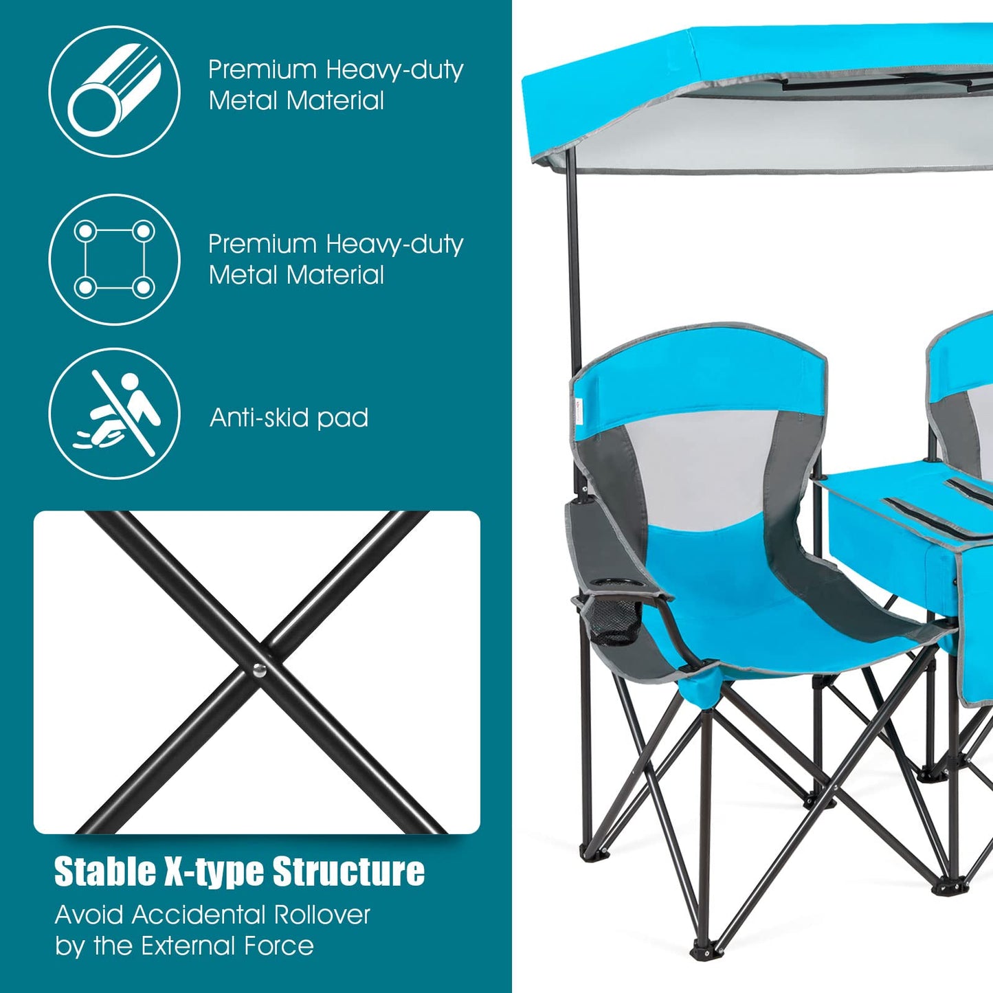 Double Folding Canopy Chair Outdoor 2-Person Camping Seat with Adjustable Sun Shade