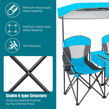 Double Folding Canopy Chair Outdoor 2-Person Camping Seat with Adjustable Sun Shade