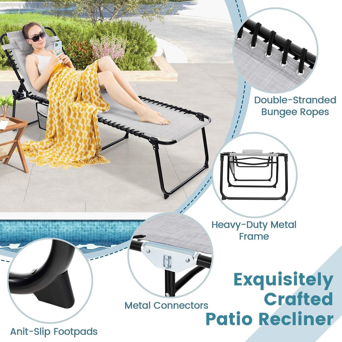 Patio Folding Chaise Lounge Oversized Portable Lay Flat Reclining Chair