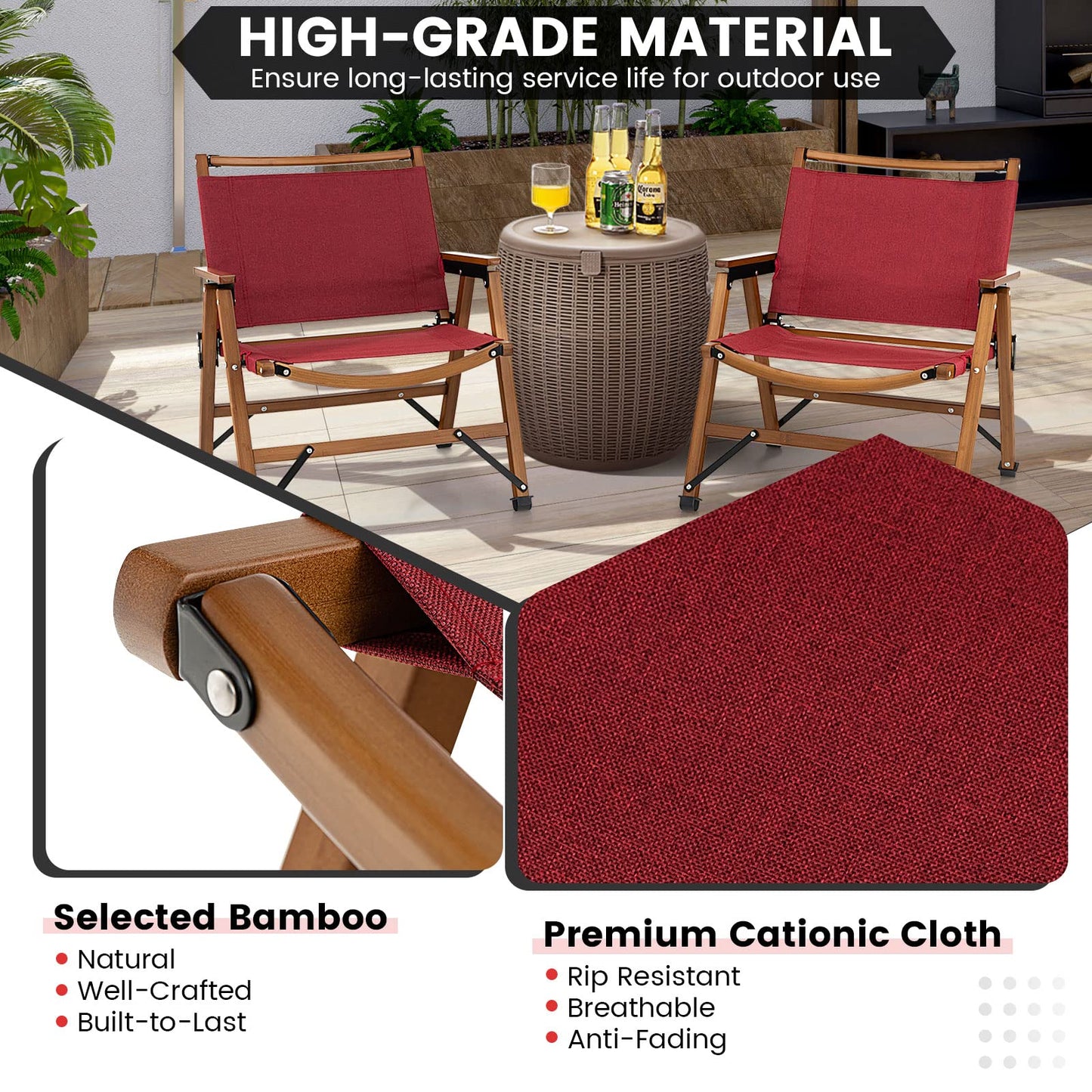 Folding Low Beach Chair with Solid Bamboo Frame & Breathable Fabric