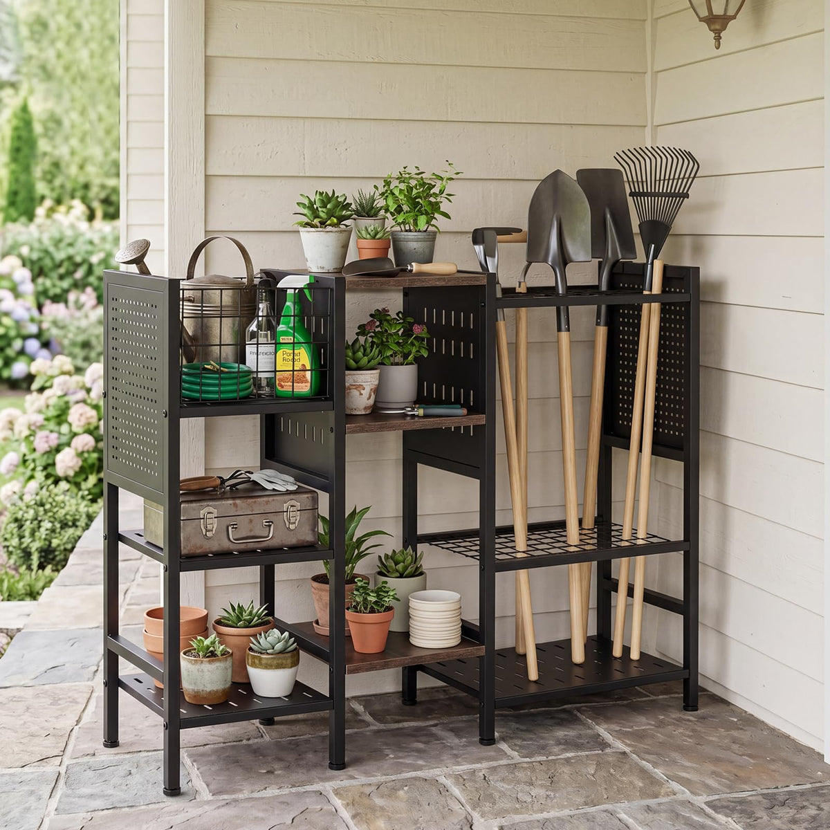 Garden Tool Organizer with Wooden Shelves 3-Tier Yard Freestanding Storage Rack
