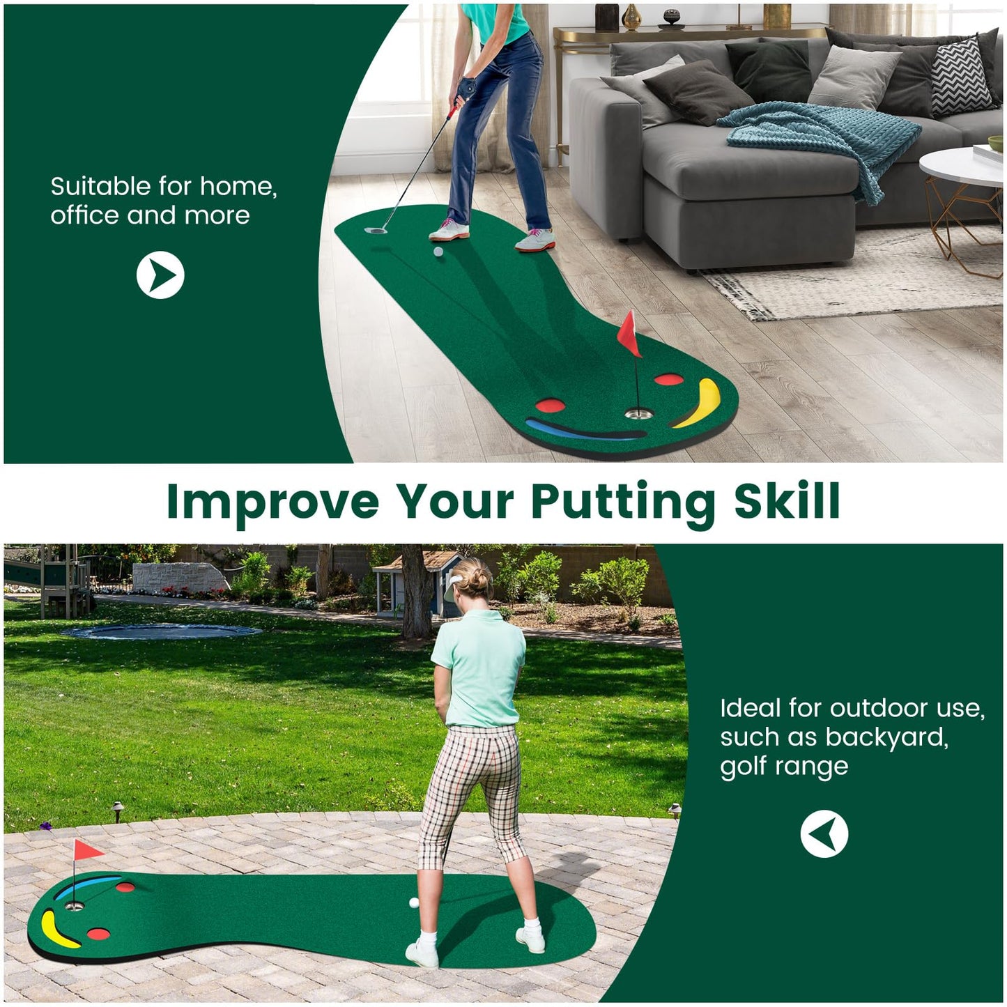 Par Three Putting Mat with 3 Putting Cups 1 Flag and Golf Hole Covers