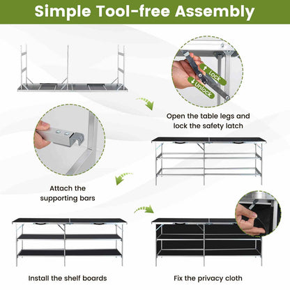 Aluminum Portable Picnic Table w/ 2-Tier Open Shelves & Spacious Tabletop