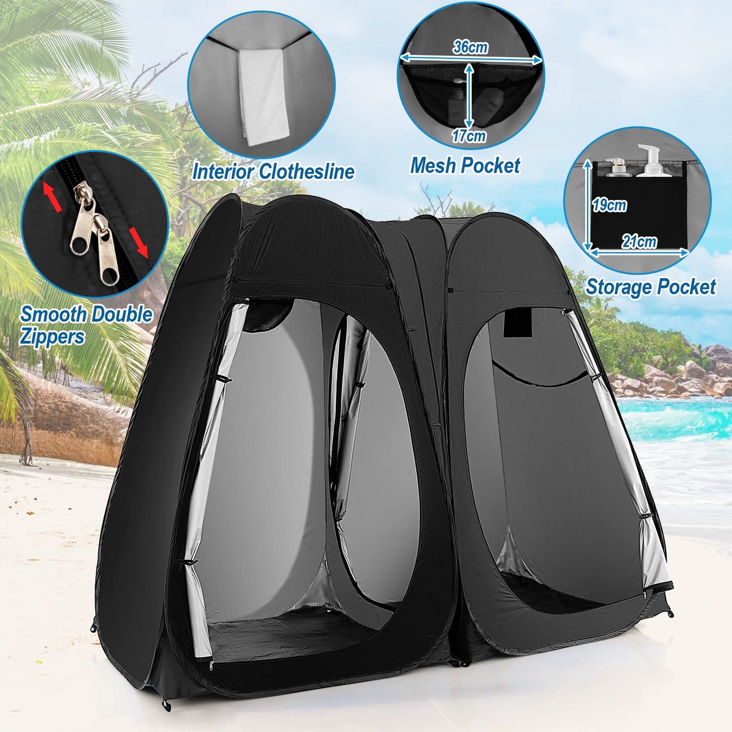 Double Room Outdoor Privacy Tent with Window Floor Storage Pocket