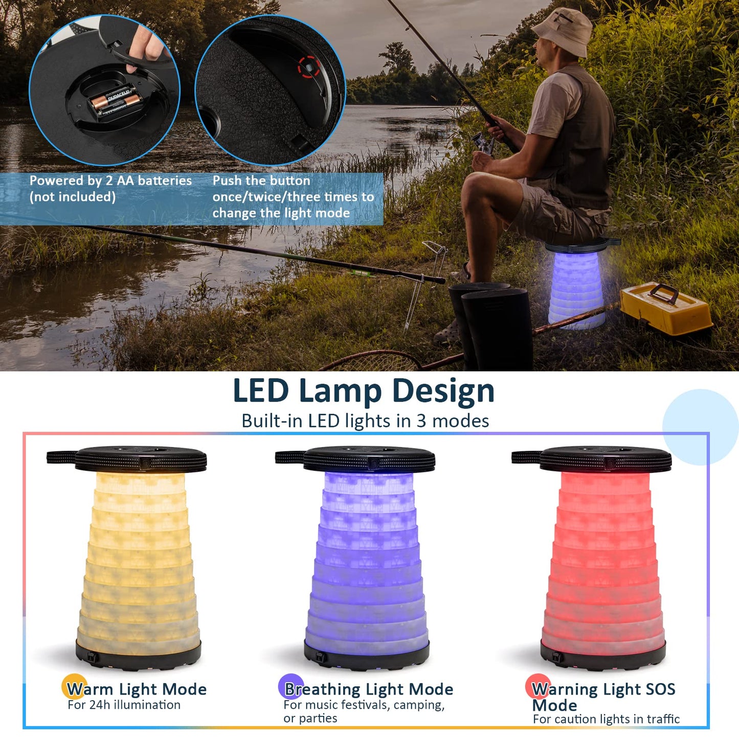 3-Piece Folding Table Stool Set with a Camping Table & 2 Retractable LED Stools