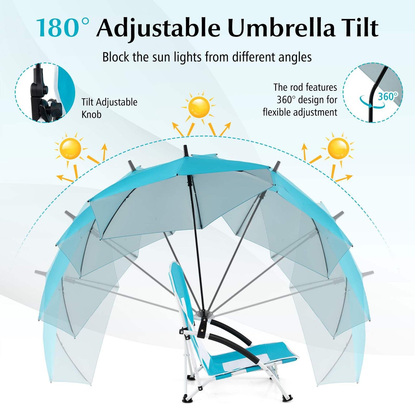 Foldable Beach Umbrella Chair with Adjustable Parasol and Universal Umbrella Clamp