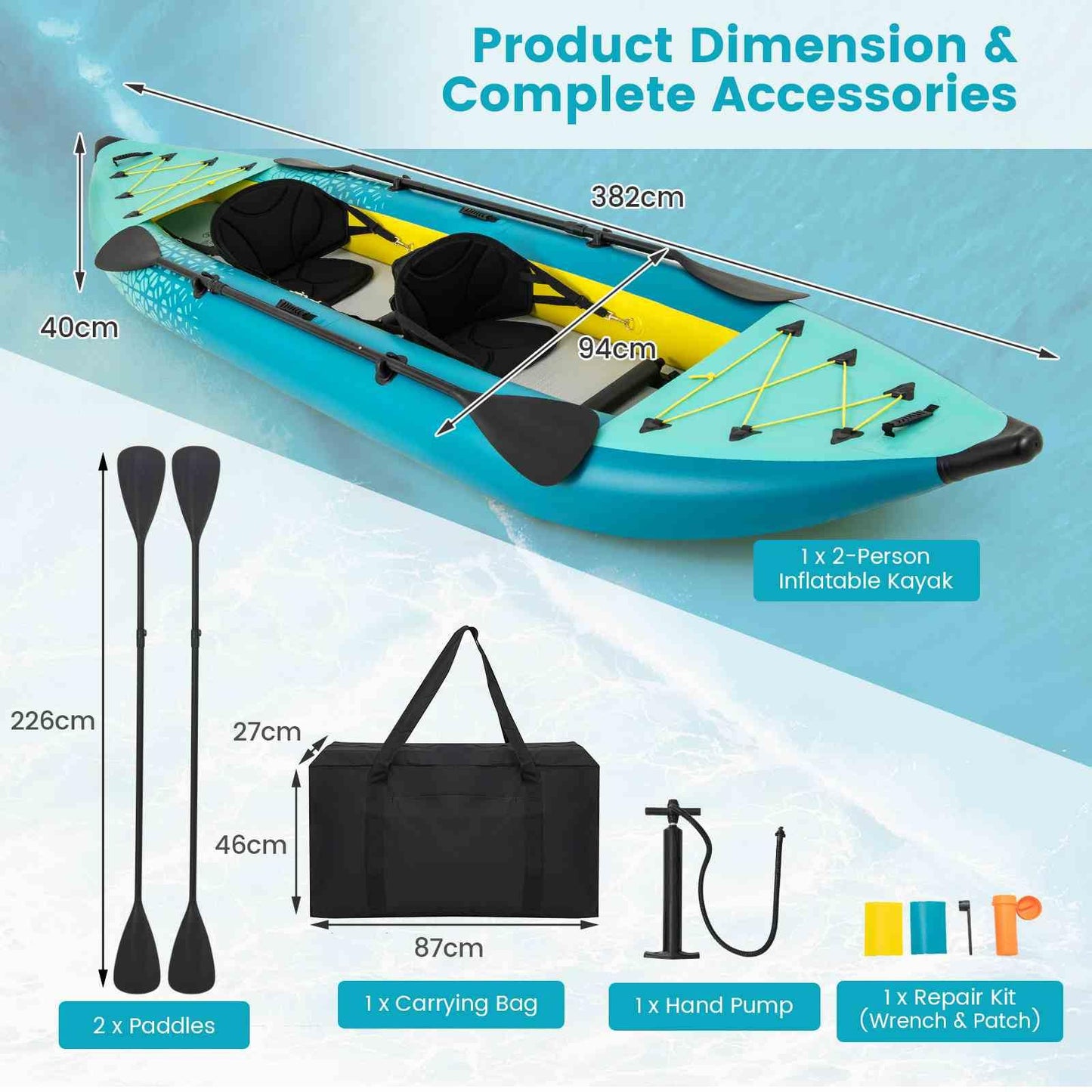 2-Person Kayak with Aluminium Oars EVA Padded Seat