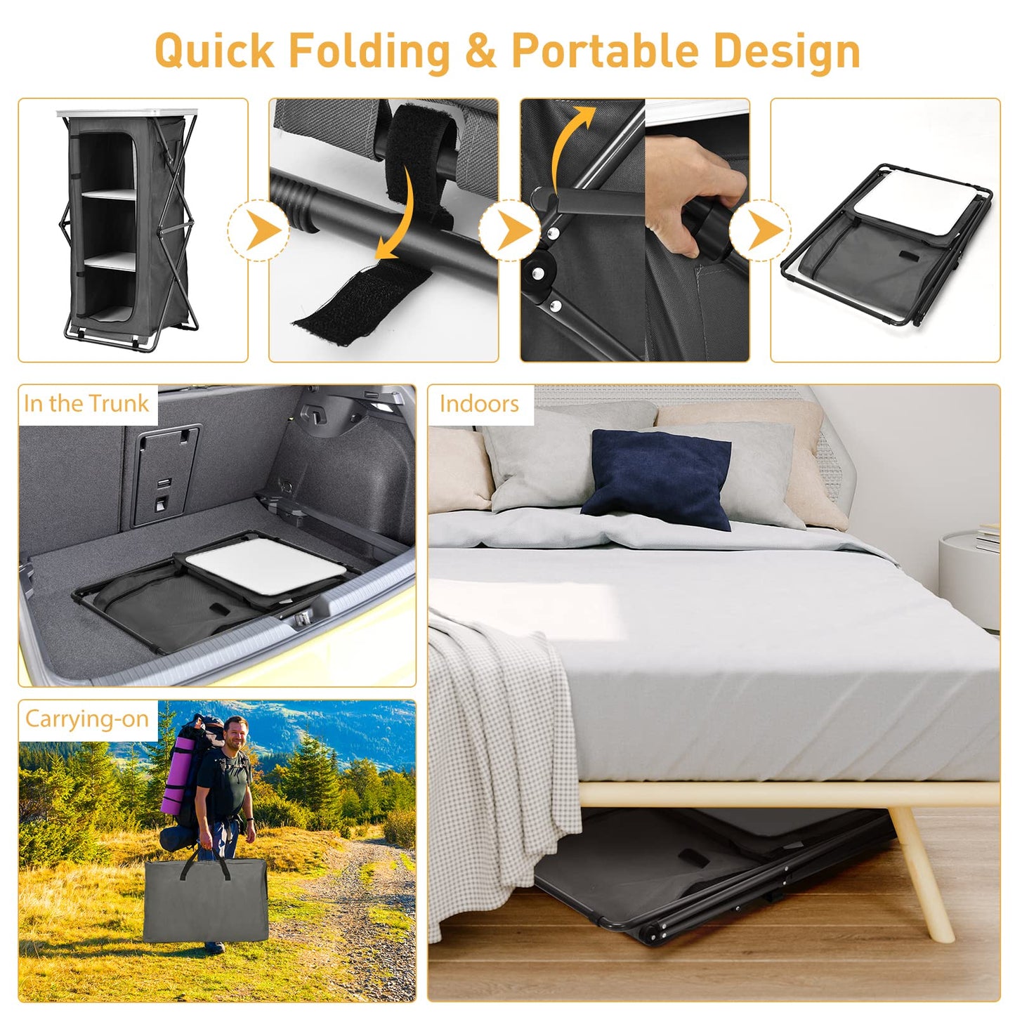 2 Size Folding Pop-Up Cupboard Compact & Portable Camping Storage Cabinet