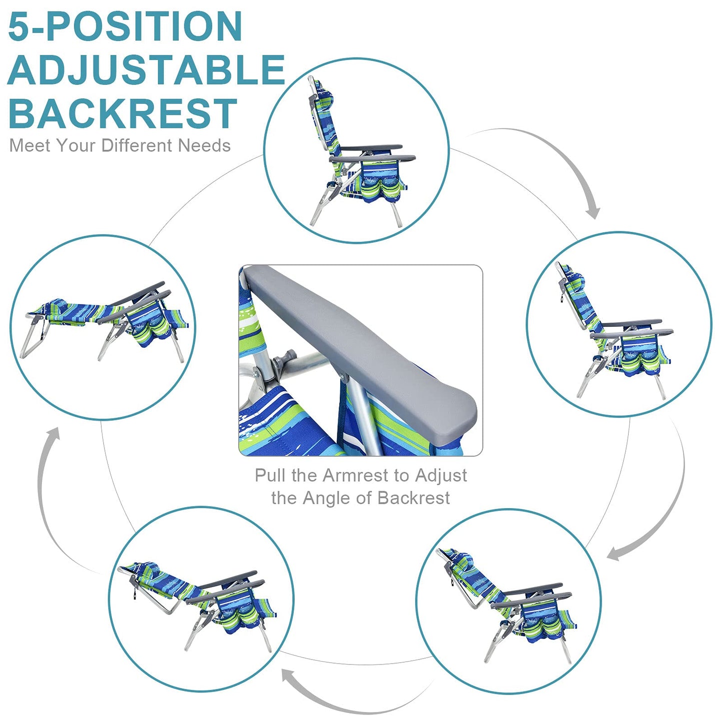 2-Pack Folding Backpack Beach Chair 5-Position Outdoor Reclining Chairs with Pillow
