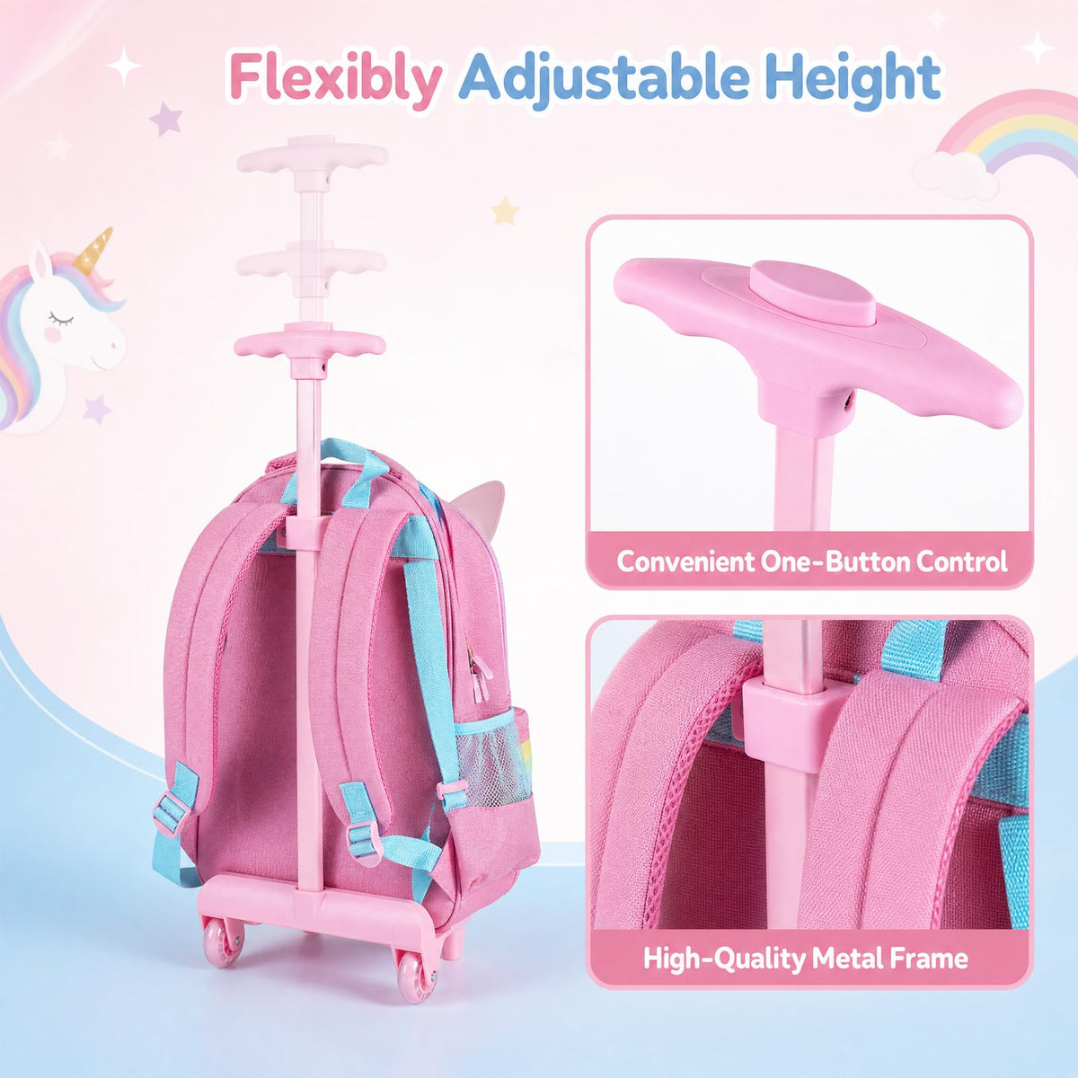 3 Pieces Unicorn Rolling Backpack for Kids