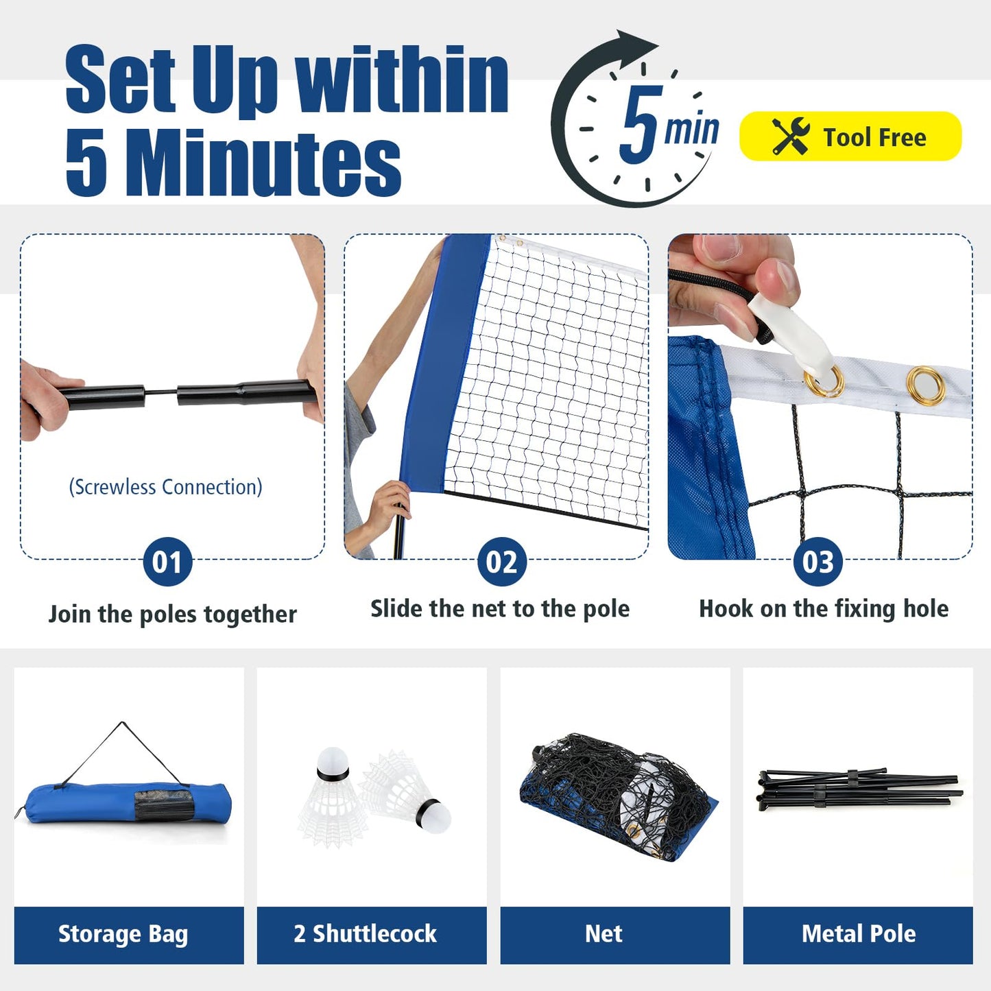 Portable Badminton Set with 2 Shuttlecocks Footpads Clamp Pads Carry Bag