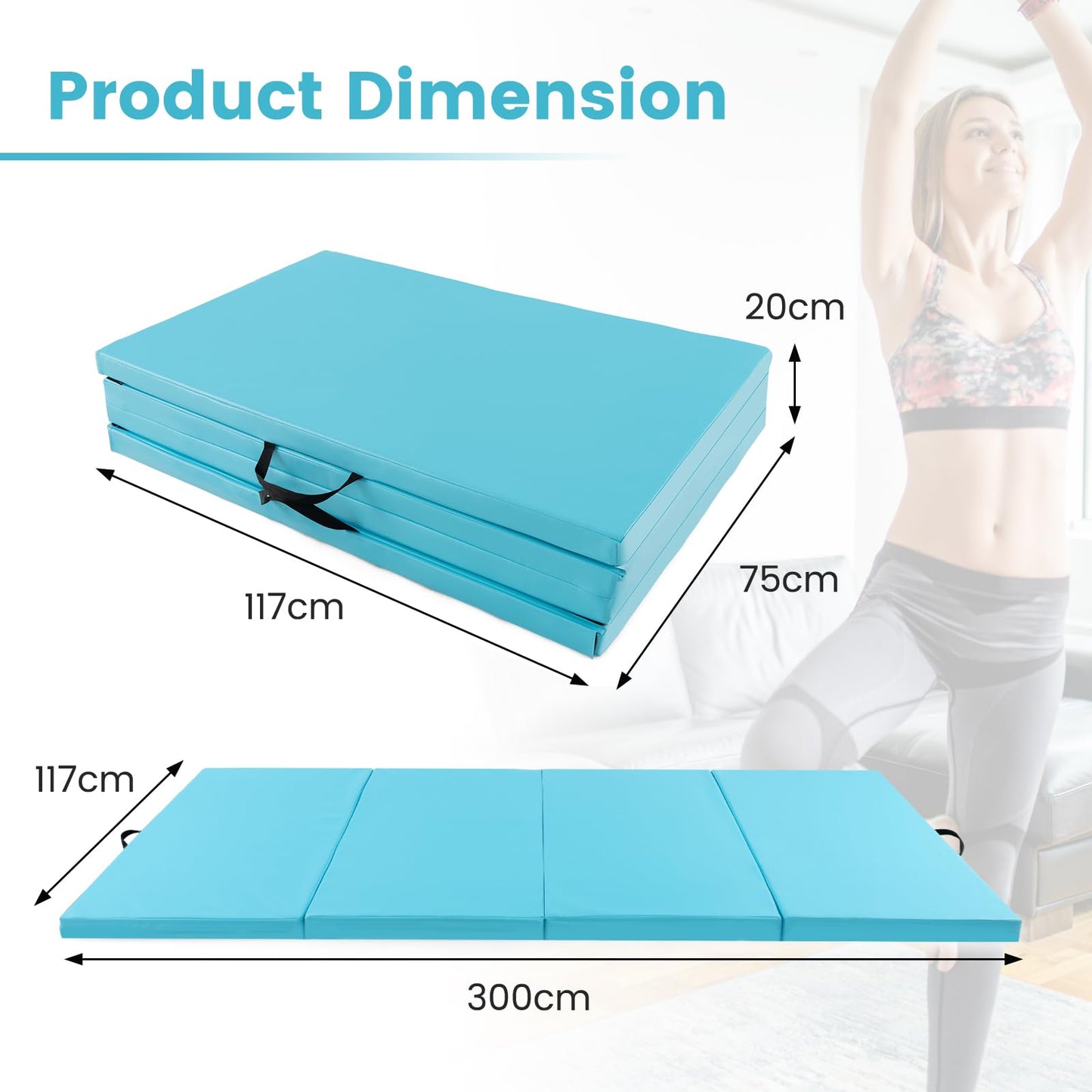 300 cm x 117 cm x 5 cm PU Leather Gym Mat with Hook & Loop Fasteners for Gymnastics