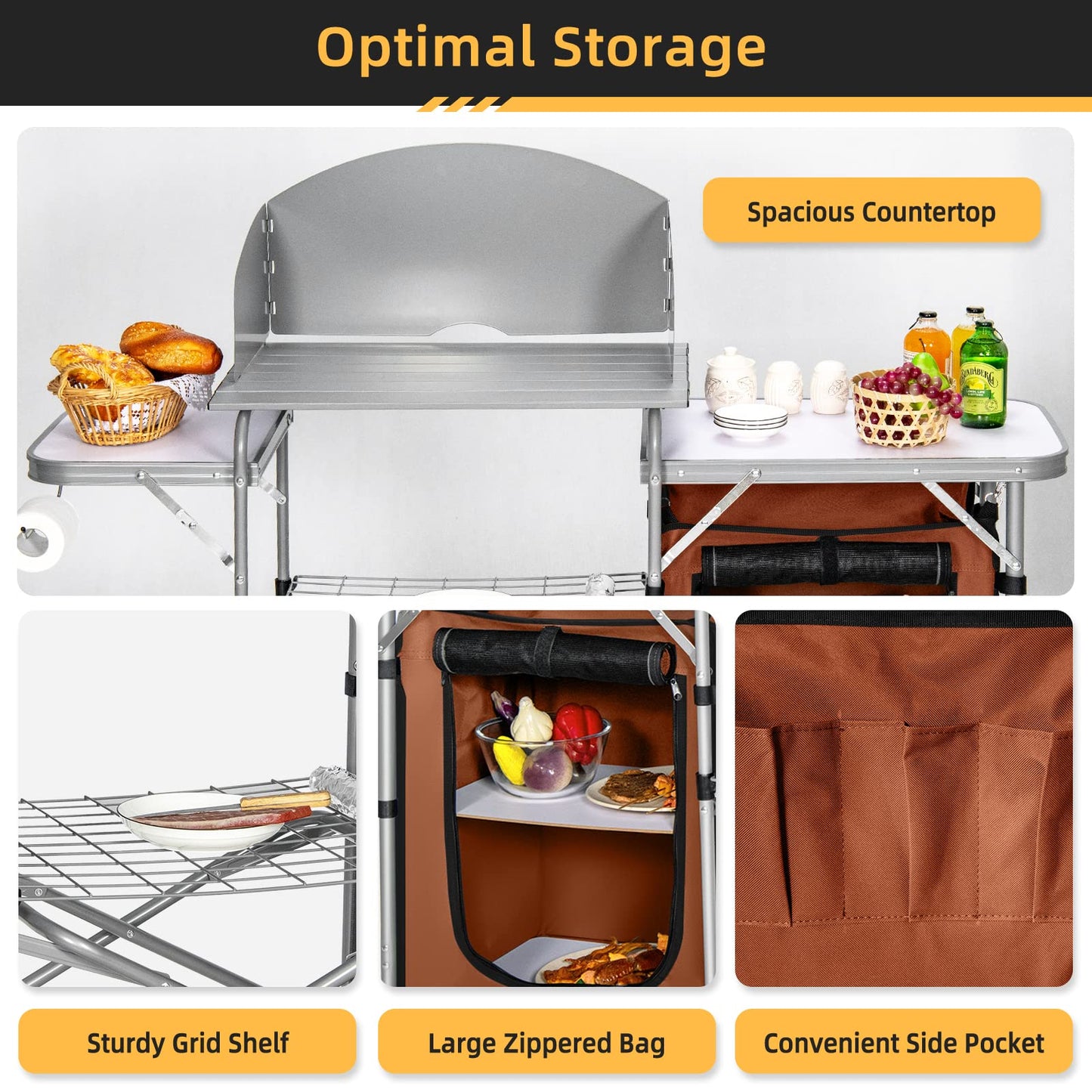 Outdoor Camping Table with Storage Aluminium Folding Camp Kitchen with Windscreen