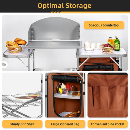 Outdoor Camping Table with Storage Aluminium Folding Camp Kitchen with Windscreen