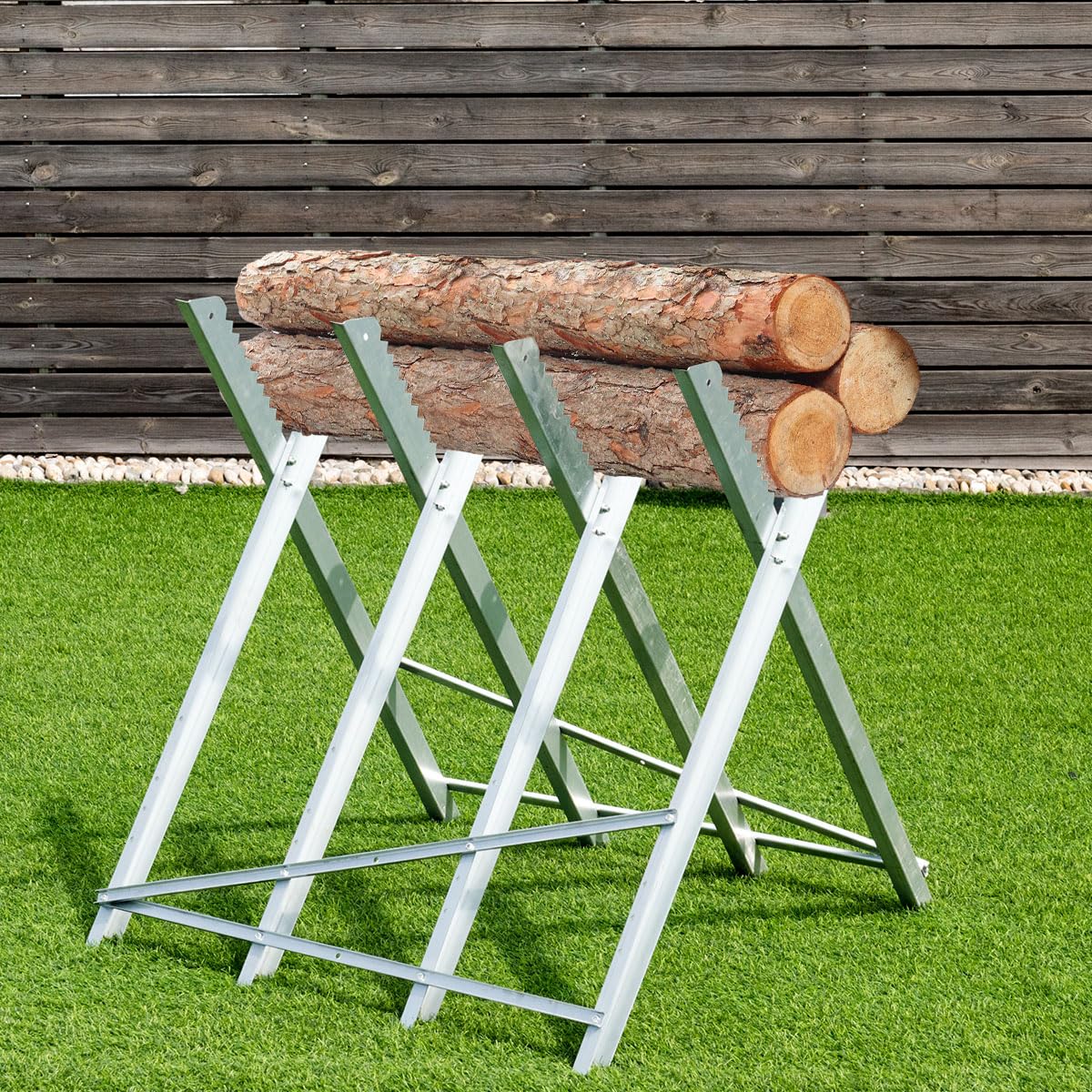 Heavy-Duty Metal Sawhorse Stand with 100 kg Capacity and Notched Saw Teeth for Wood-Cutting