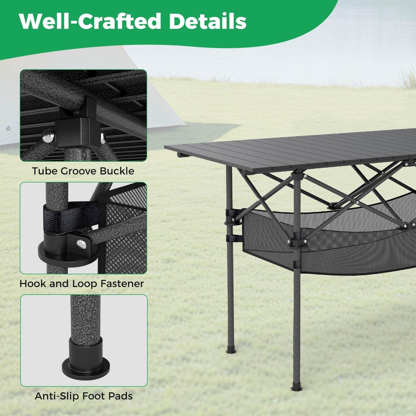 Patio Folding Camping Table Portable Picnic Table with Aluminum Roll-up Tabletop and Mesh Basket