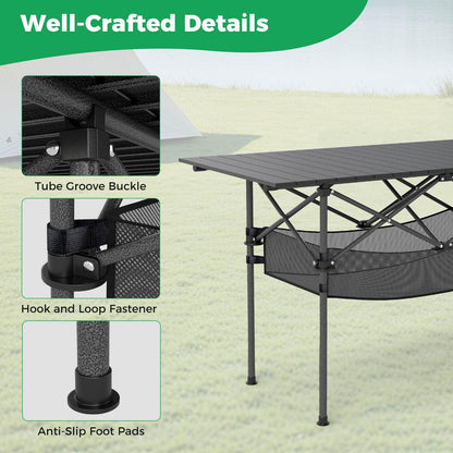 Patio Folding Camping Table Portable Picnic Table with Aluminum Roll-up Tabletop and Mesh Basket