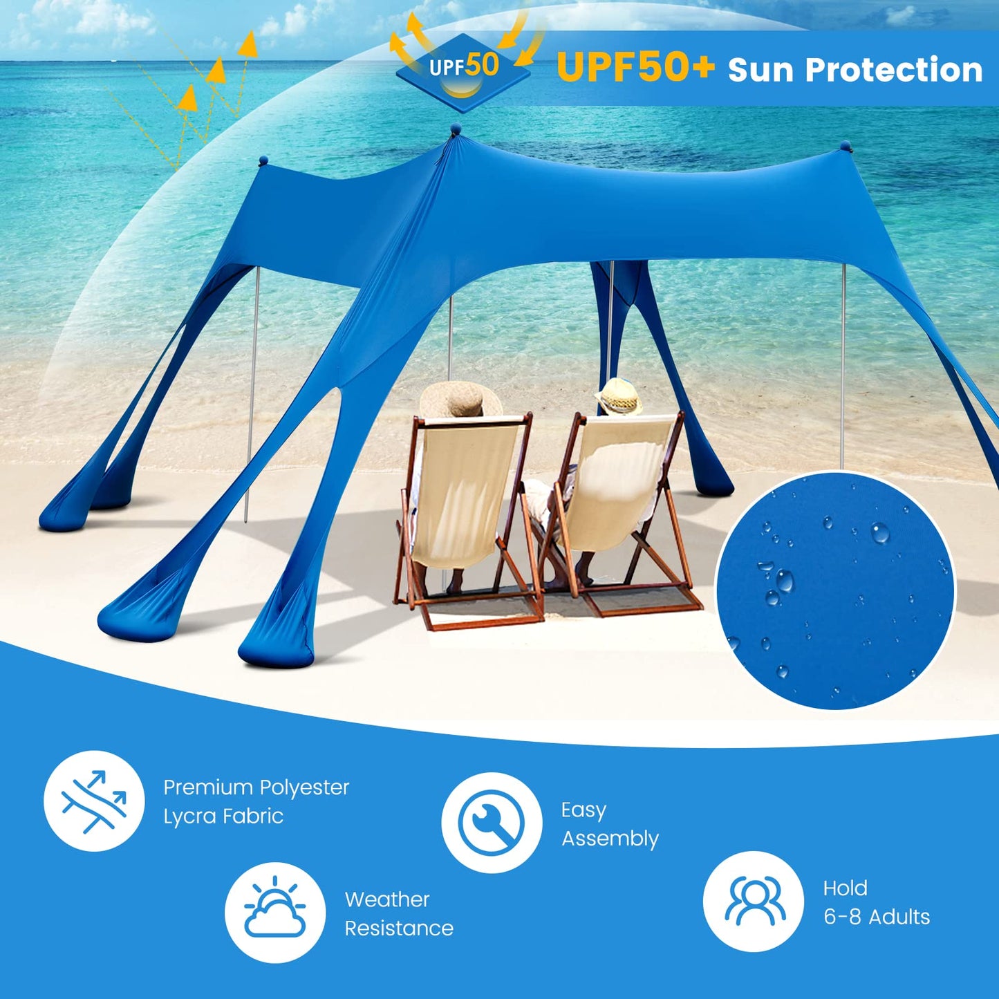 3 x 3m Beach Sunshade Canopy Windproof Sunshade for Beach Camping Patio Trip