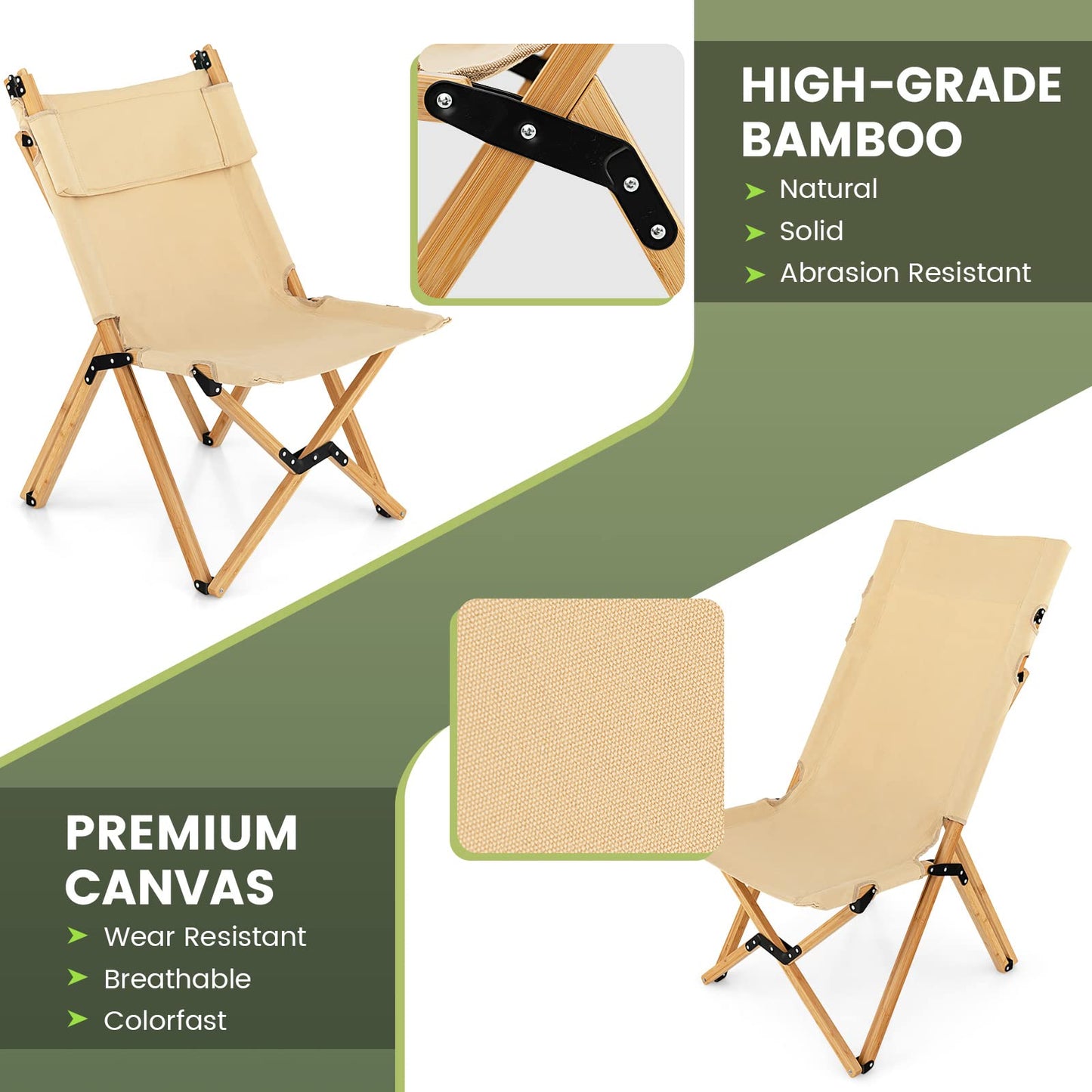 Outdoor Bamboo Chair with 2-Level Adjustable Backrest No Assembly Required