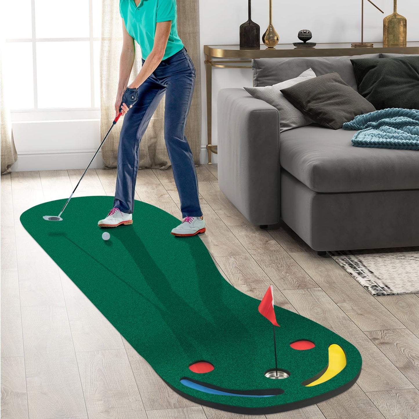 Par Three Putting Mat with 3 Putting Cups 1 Flag and Golf Hole Covers