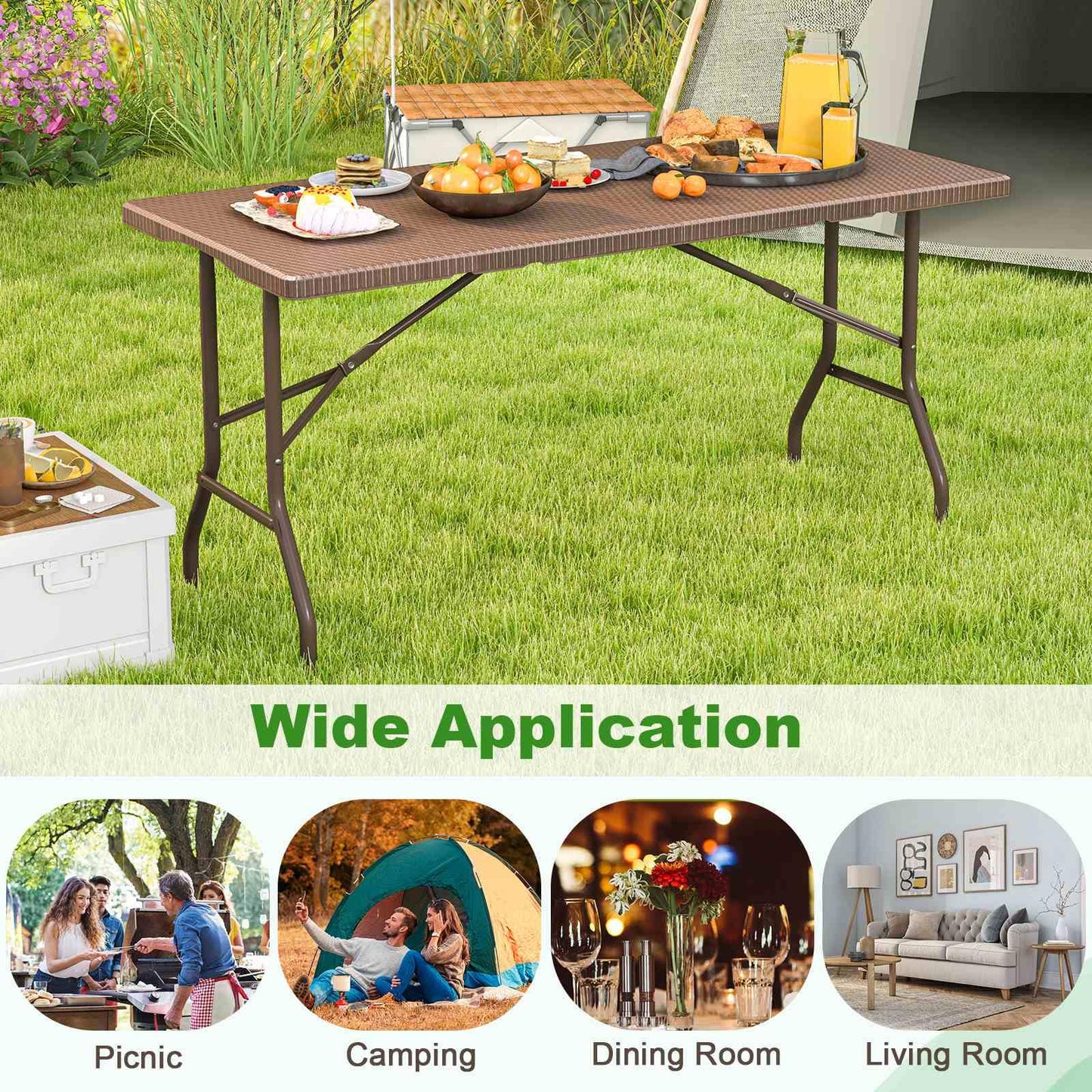 1.5m Folding Picnic Table w/Rattan Grain HDPE Tabletop