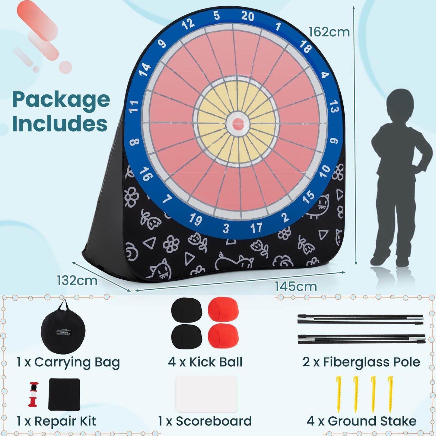 Foldable & Portable Dartboard with 4 Kick Balls Carrying Bag for Kids