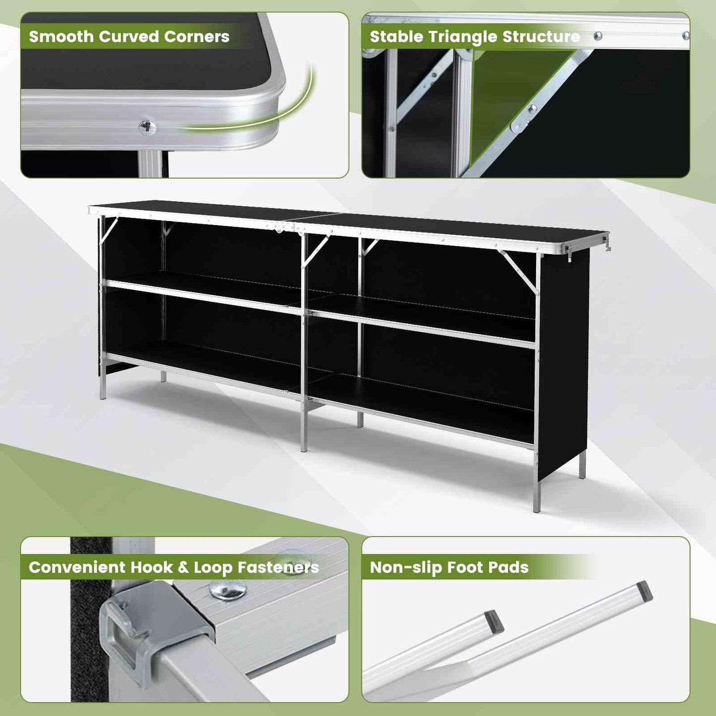 Aluminum Portable Picnic Table w/ 2-Tier Open Shelves & Spacious Tabletop