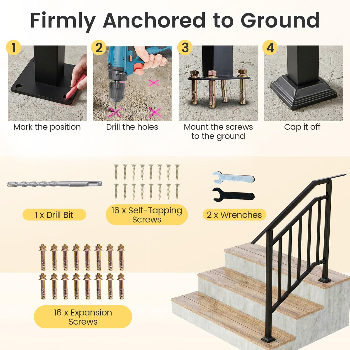 2 Pack Handrails for Outdoor Steps with Adjustable Angle