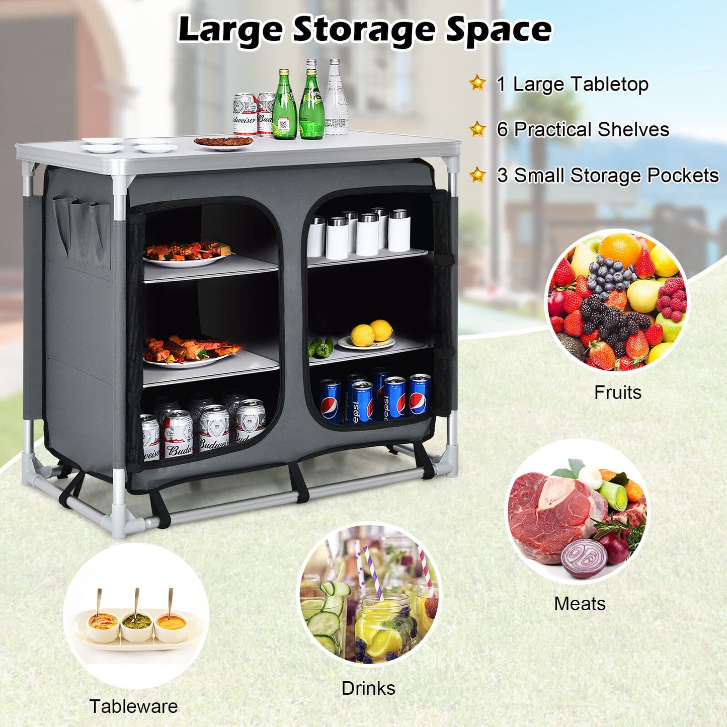 Aluminum Camping Table Portable Camping Kitchen Cupboard Table with Zippered Storage Shelves and Carrying Bag
