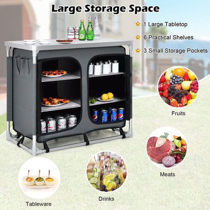Aluminum Camping Table Portable Camping Kitchen Cupboard Table with Zippered Storage Shelves and Carrying Bag