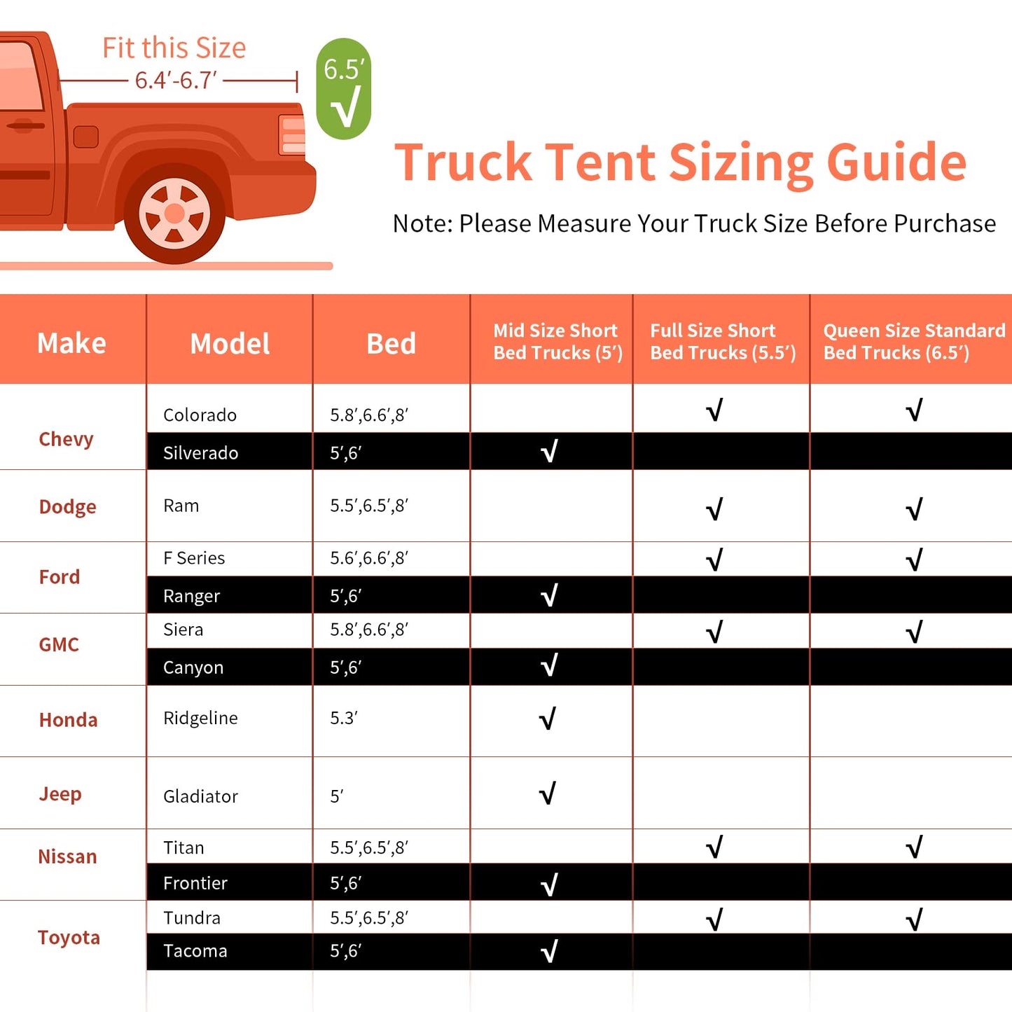 3-Size Truck Bed Tent for 2-3 Persons Camping Hiking Fishing
