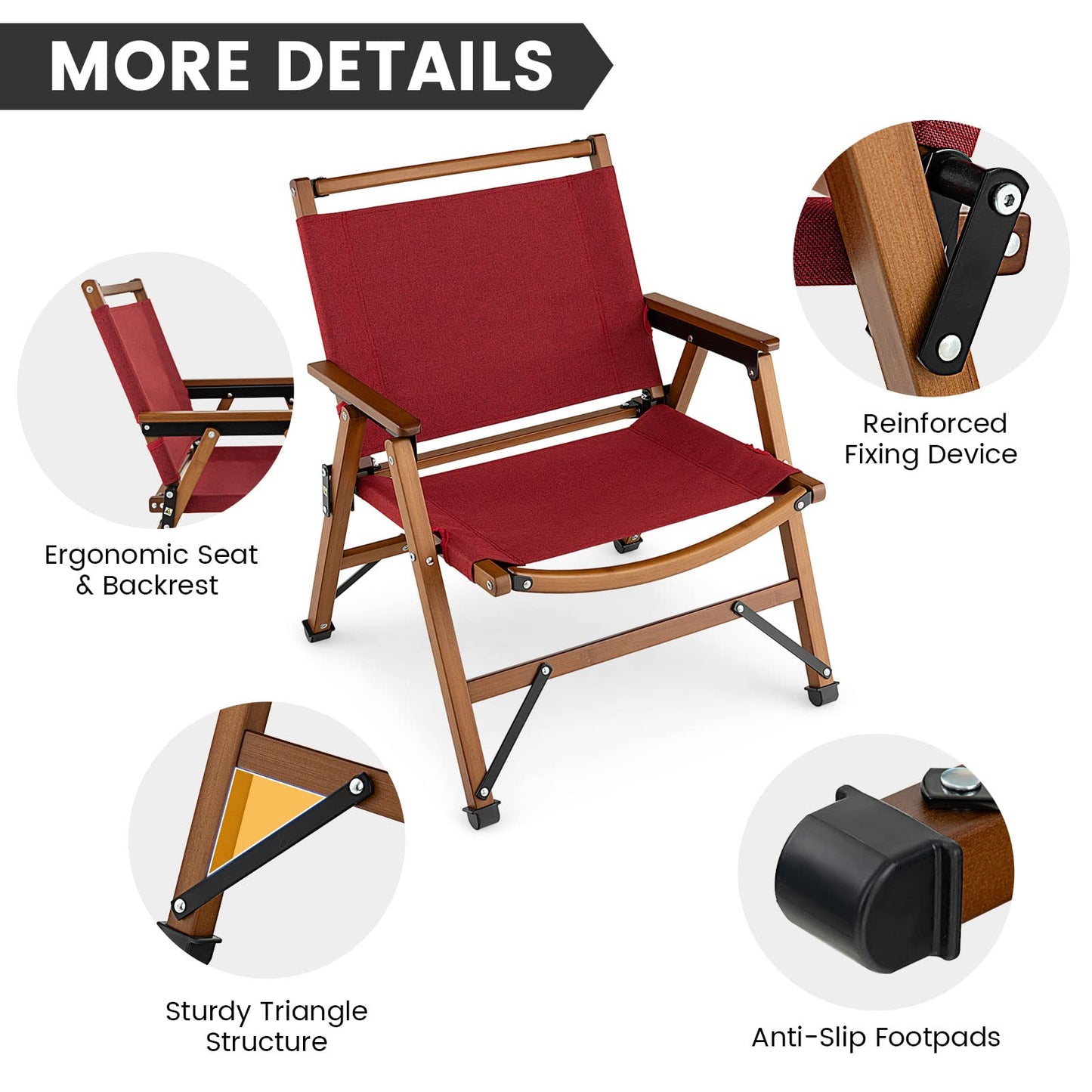 Folding Low Beach Chair with Solid Bamboo Frame & Breathable Fabric