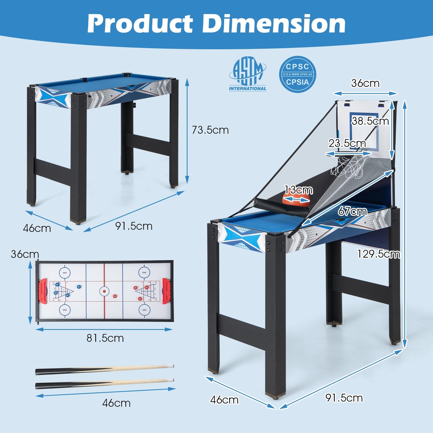 6 in 1 Combo Game Table with Basketball Billiards Ping Pong Hockey Shuffleboard Bowling for Kids and Adults