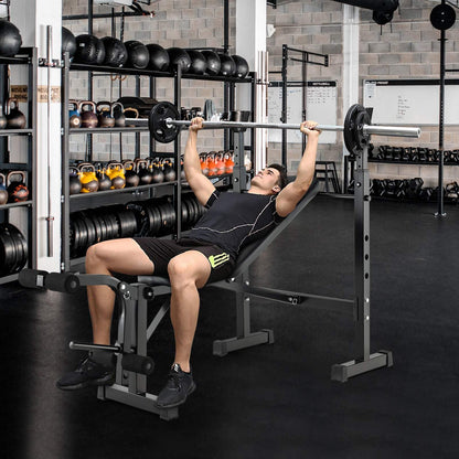 Adjustable Weight Bench & Barbell Rack Set Multipurpose Fitness Machine