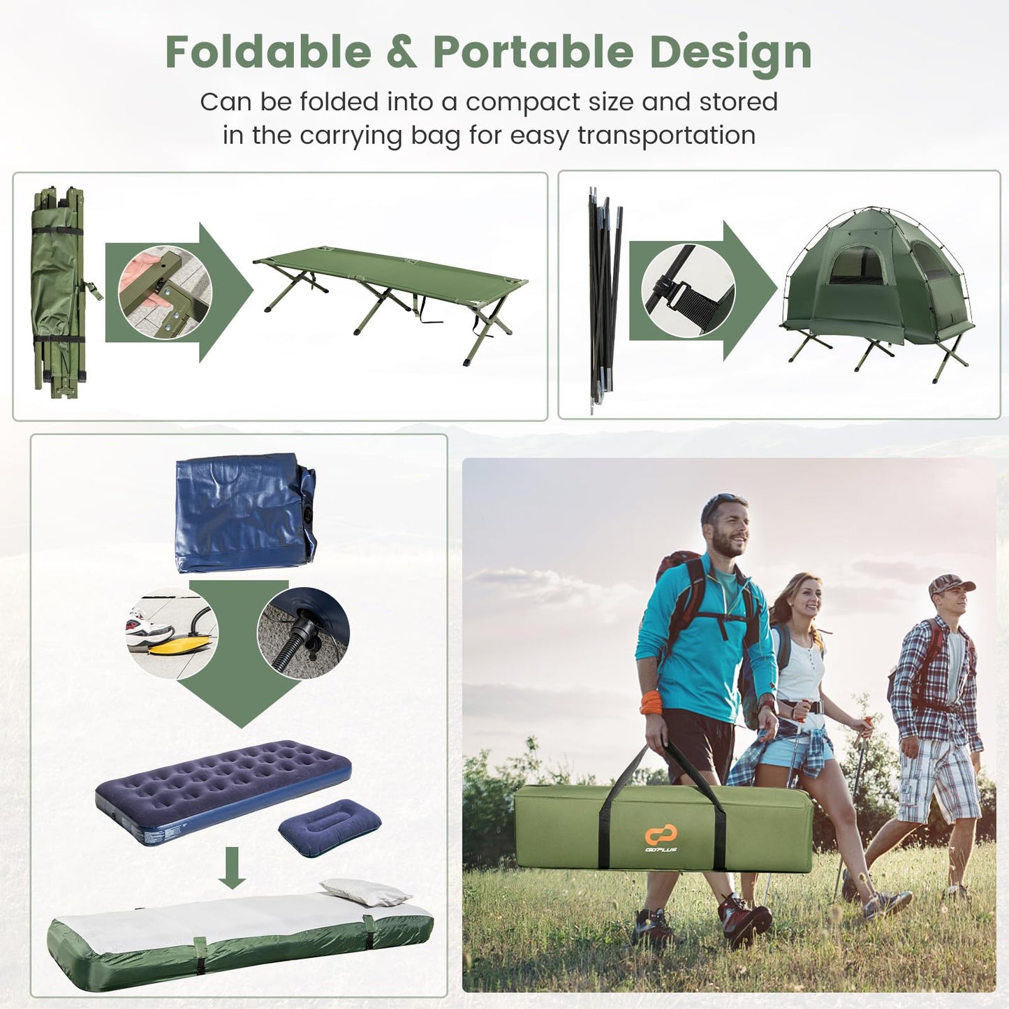 5 in 1 Foldable Camping Tent with Air Mattress and Sleeping Bag 1-Person Camping Tent Cot