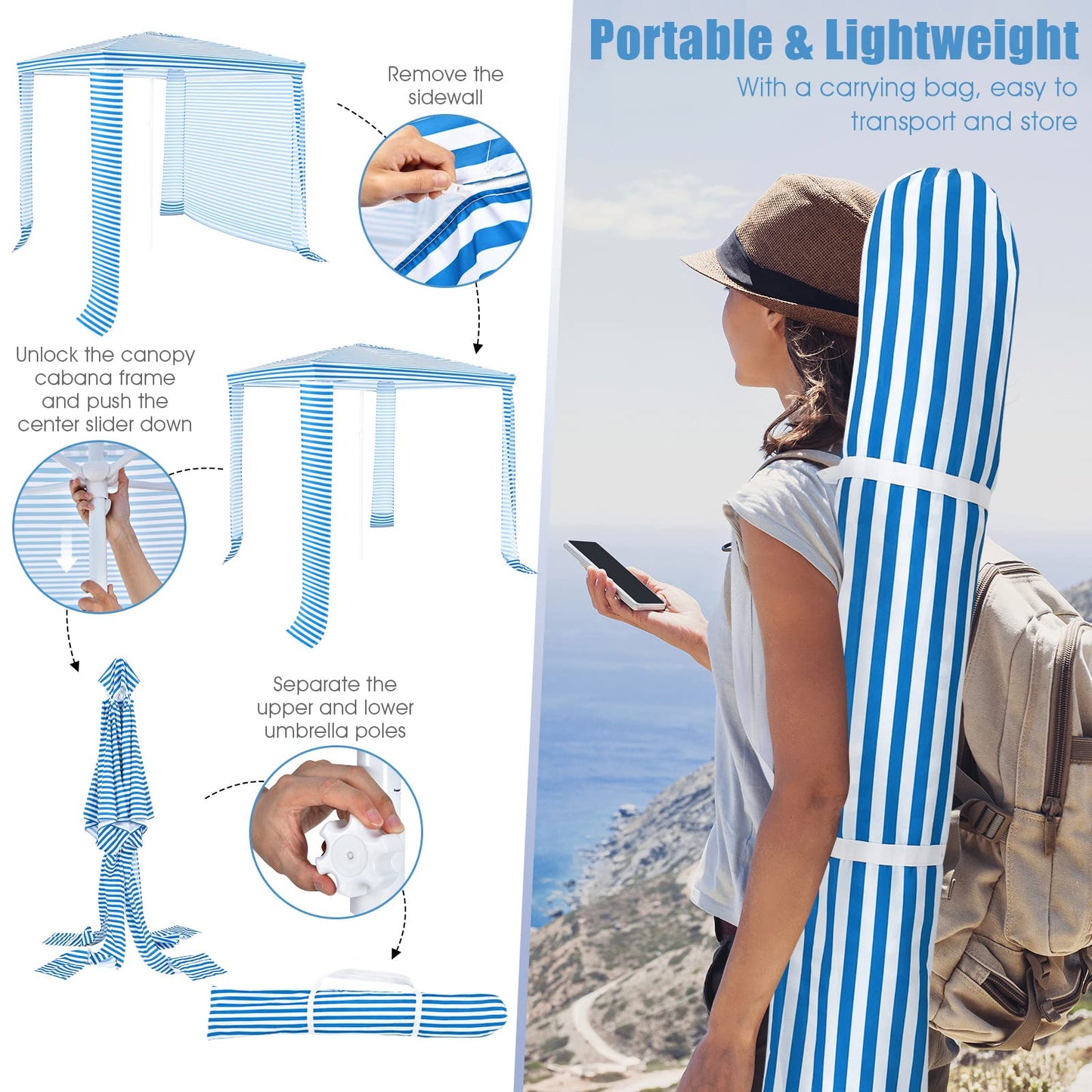 204 x 207 CM Foldable Beach Cabana Easy-Setup Portable Beach Canopy