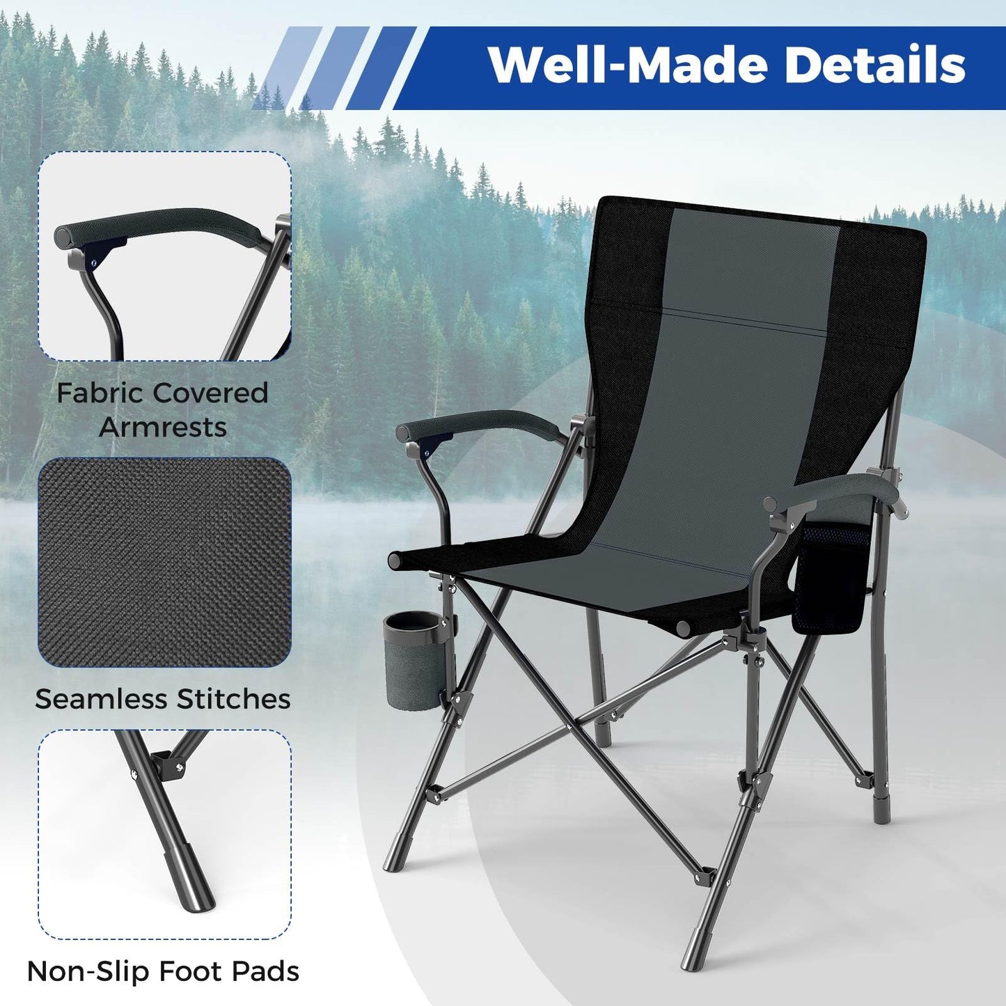 Outdoor Folding Oxford Cloth Chair with Cup Holder 160 kg Max Load