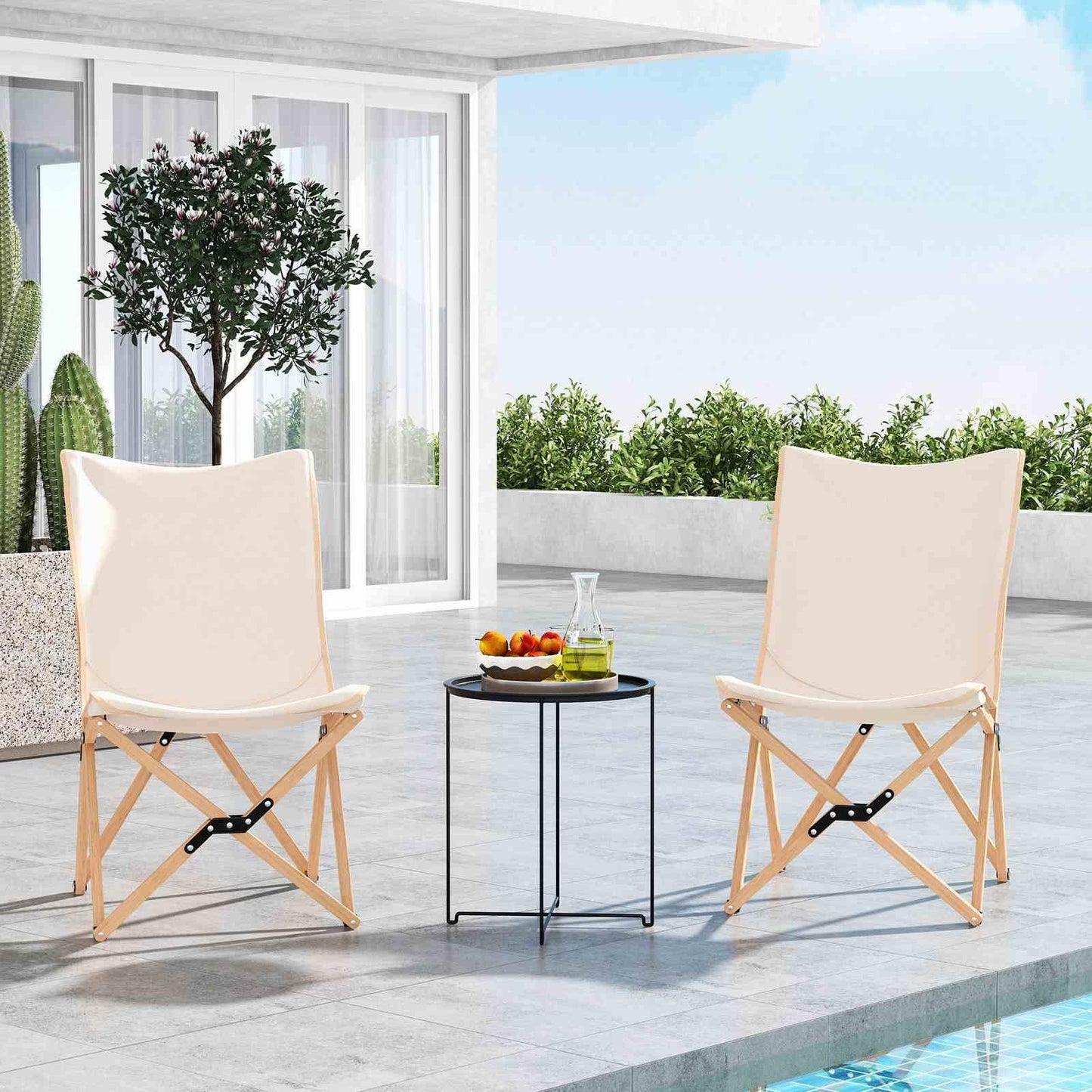 Butterfly Folding Chair Set of 2 Bamboo Dorm Chair with Storage Pocket