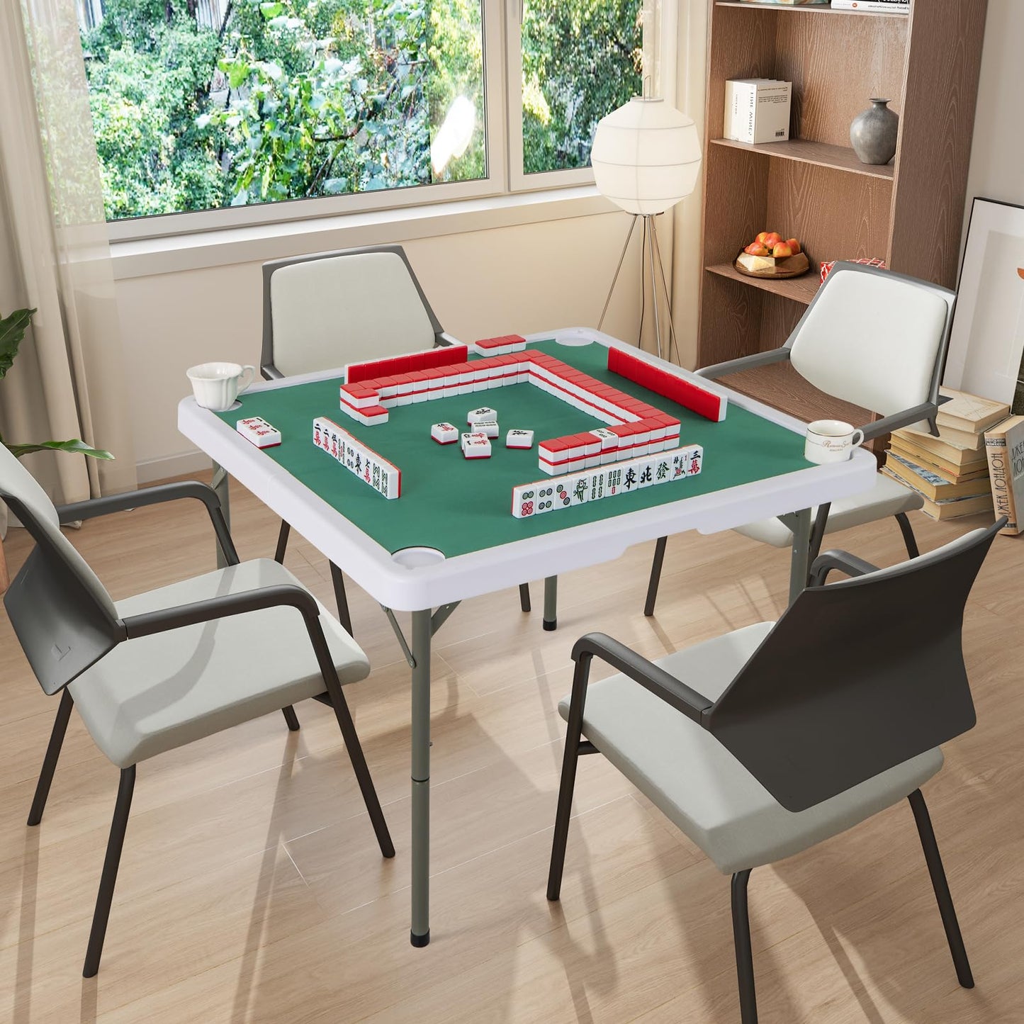 90cm Folding Mahjong Table Portable with Felt Mat and Cup Holders